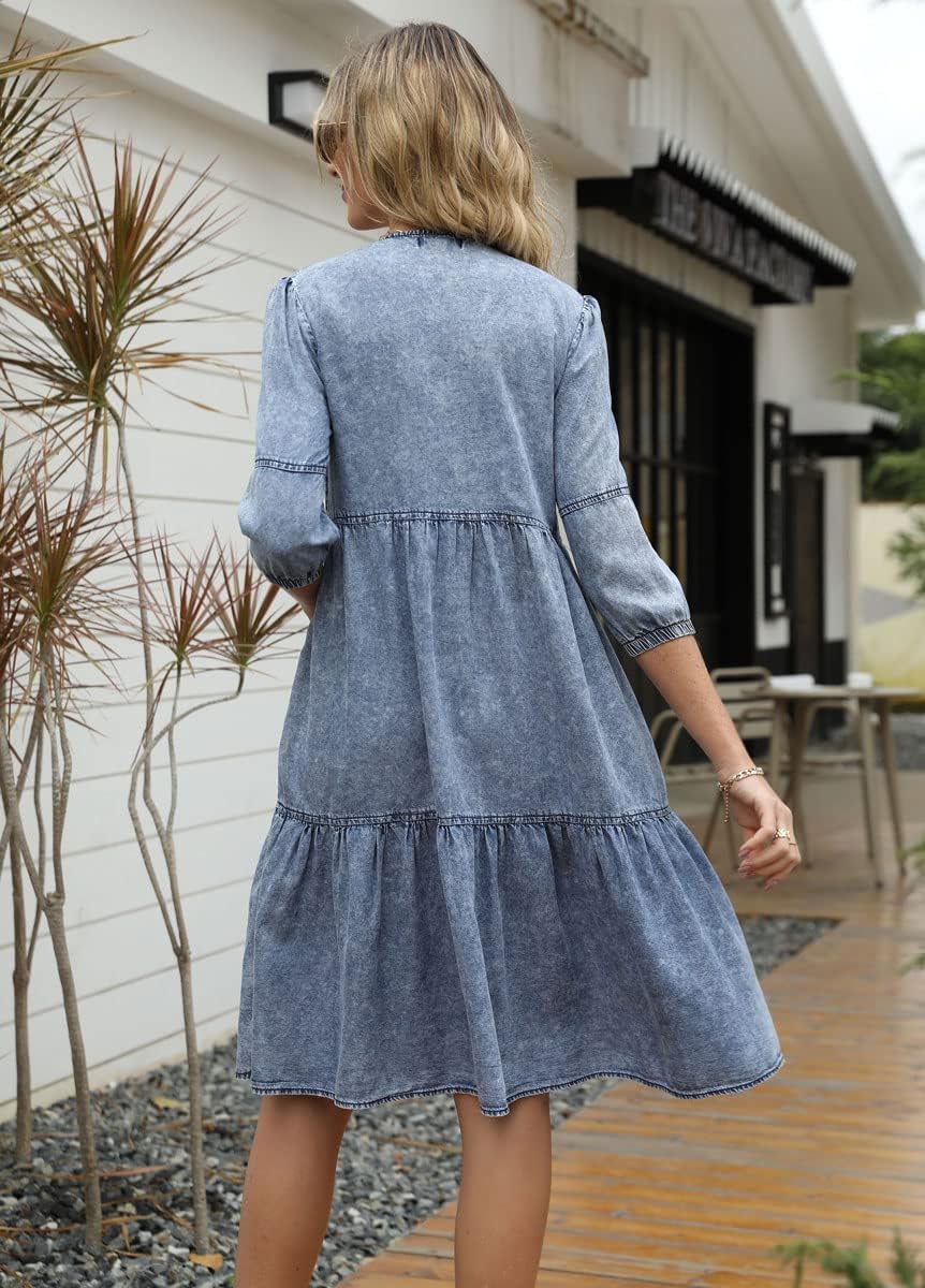 chouyatou Women's Vintage Washed Loose Fit 3/4 Sleeve Tiered Babydoll Mini Denim Jean Dress - Image 6