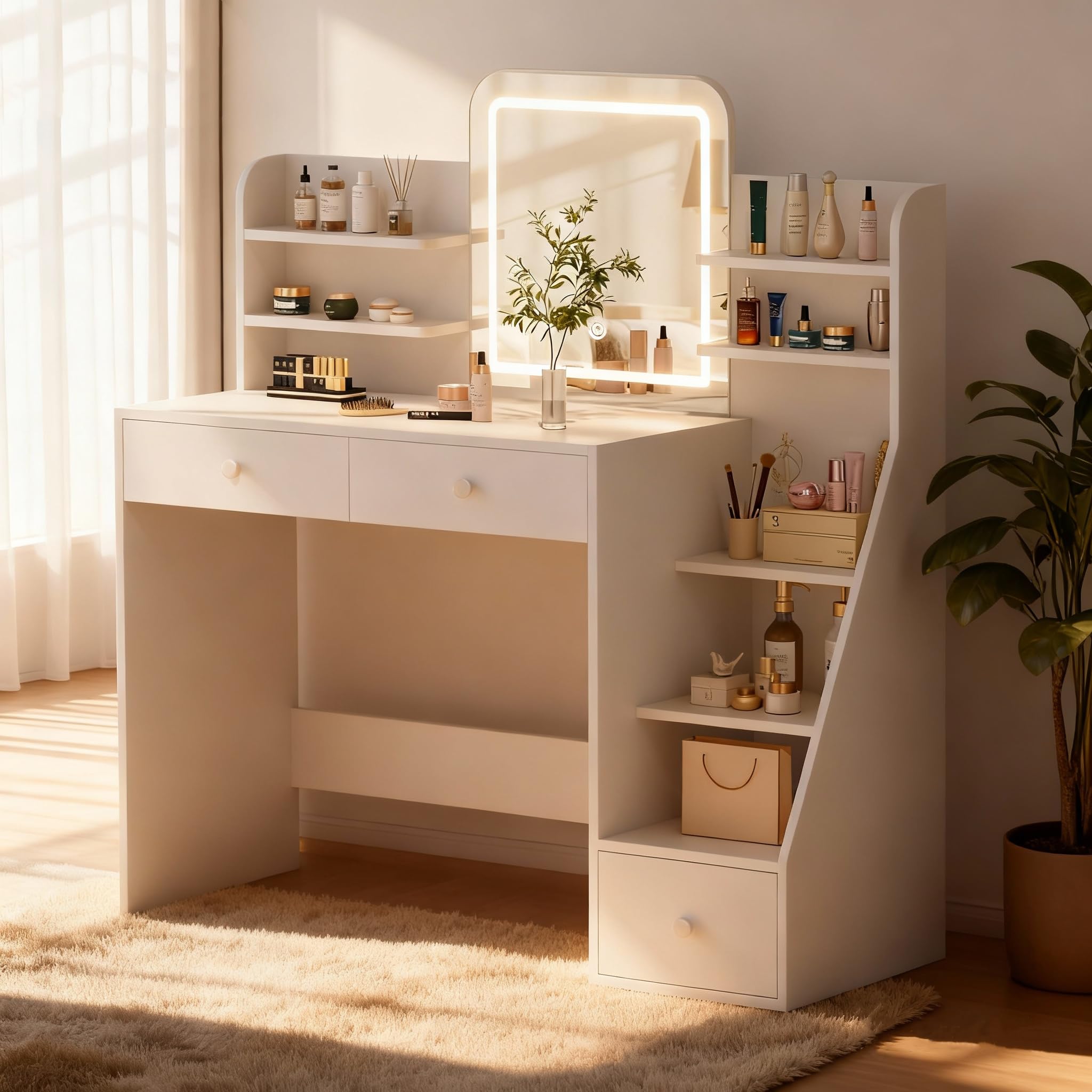 Oiroporz White Makeup Vanity Desk with LED Mirror & 5-Tier Sloped Shelves, 7 Open Storage Areas & 3 Drawers, Adjustable 3-Color Lighting Dressing Table