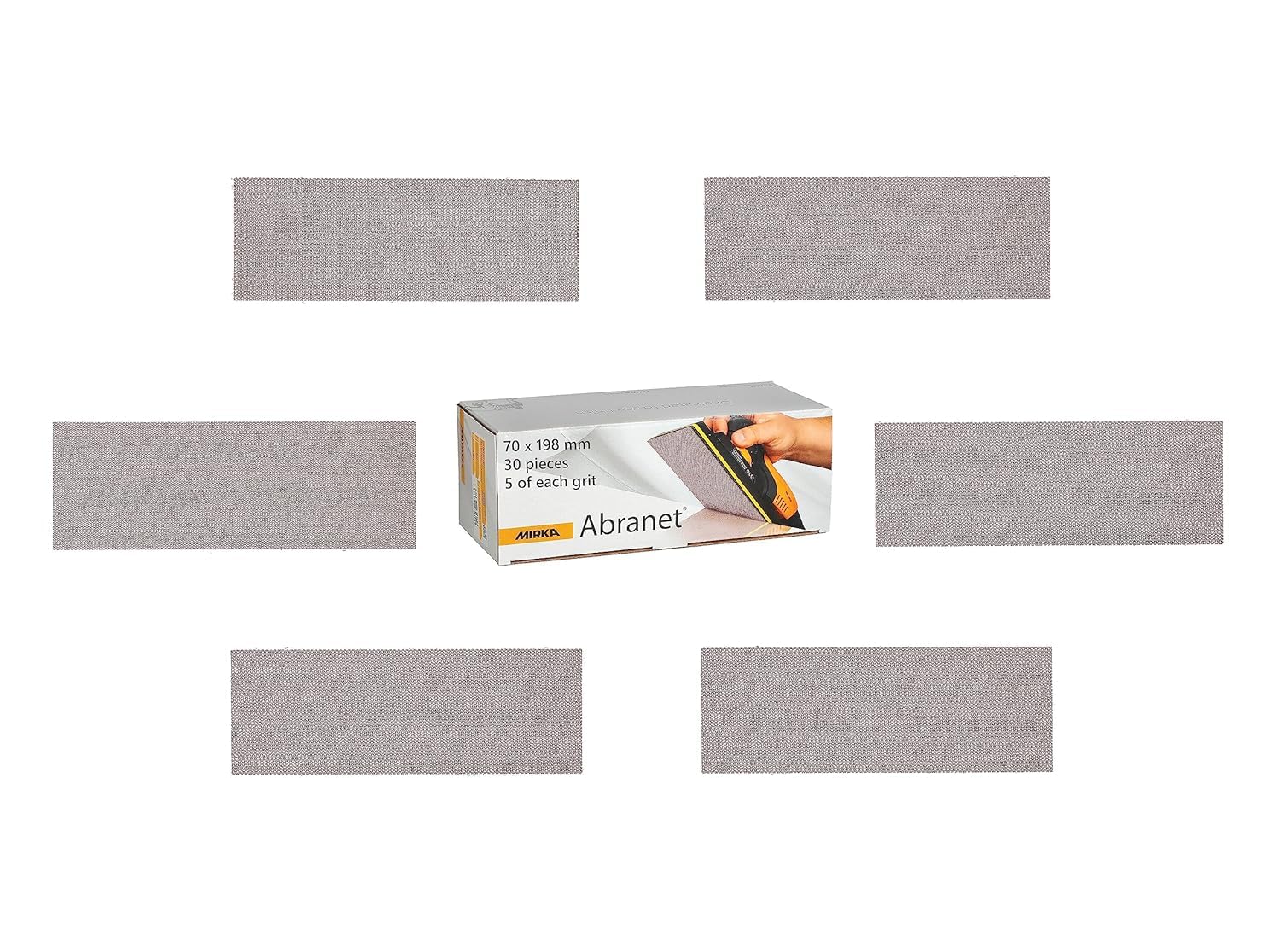 Mirka Abranet Net Paski szlifierskie 70 x 198 mm Grip/Mix-pack 5 sztuk każdego ziarna: 80, 120, 180, 240, 320, 400/30 sztuk/Do szlifowania drewna, wypełniacza, lakieru, tworzyw sztucznych