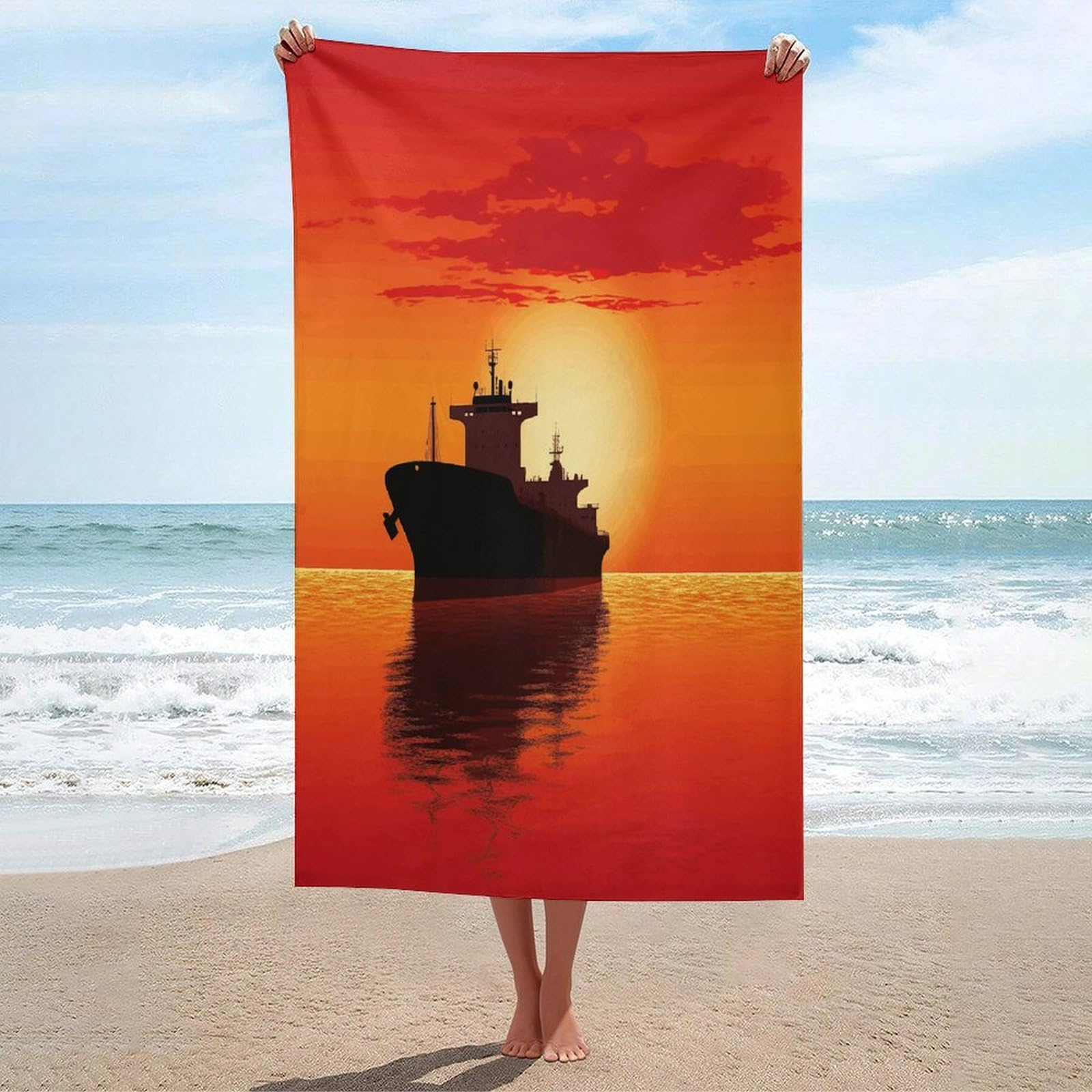 Adfgyerh Unisex Style Silhouette Of The Tanker Ship On Red Sunrise Bath Towels Beach Towel Lightweight Quick Dry, Bath Towel For Travel Sports Pool Swimming Bath Camping Yoga Adults130x80cm