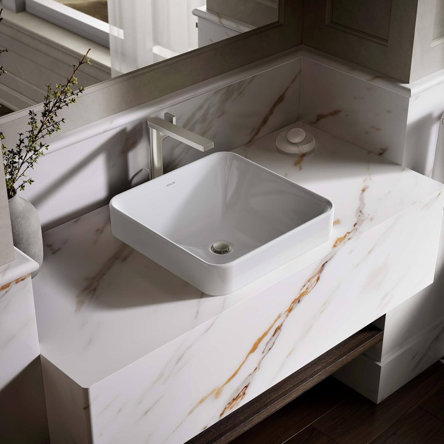 KOHLER Vox Square Vessel Bathroom Sink installed in a modern bathroom setting with a wall-mounted faucet.