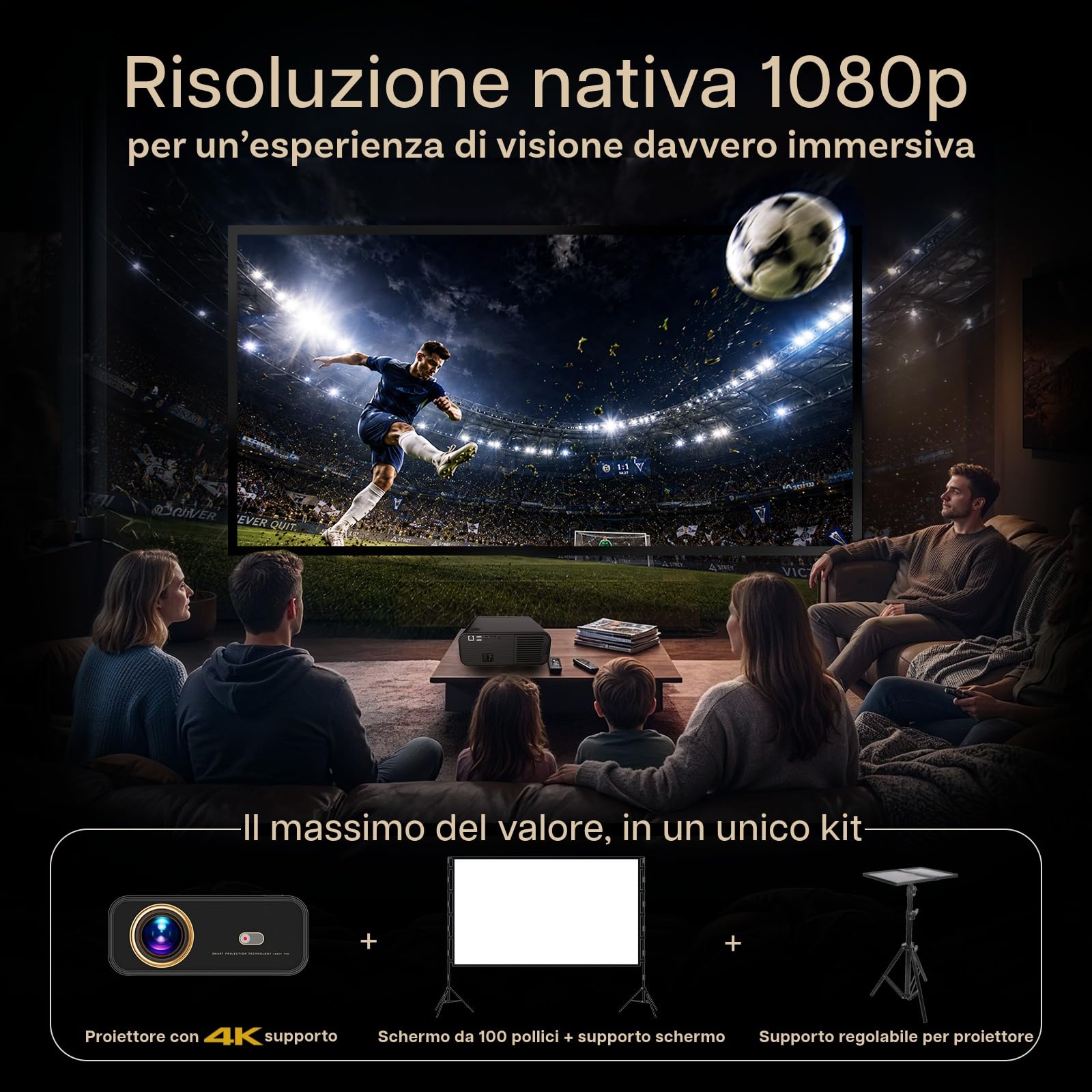 Proiettore 1080P Nativo WiFi & Bluetooth con Schermo 100 Pollici e Supporto – 4K Supporto, 900 ANSI, Correzione Keystone Automatica – Per HDMI, USB, iOS & Android – 50–300 Pollici – Di MMOBIEL