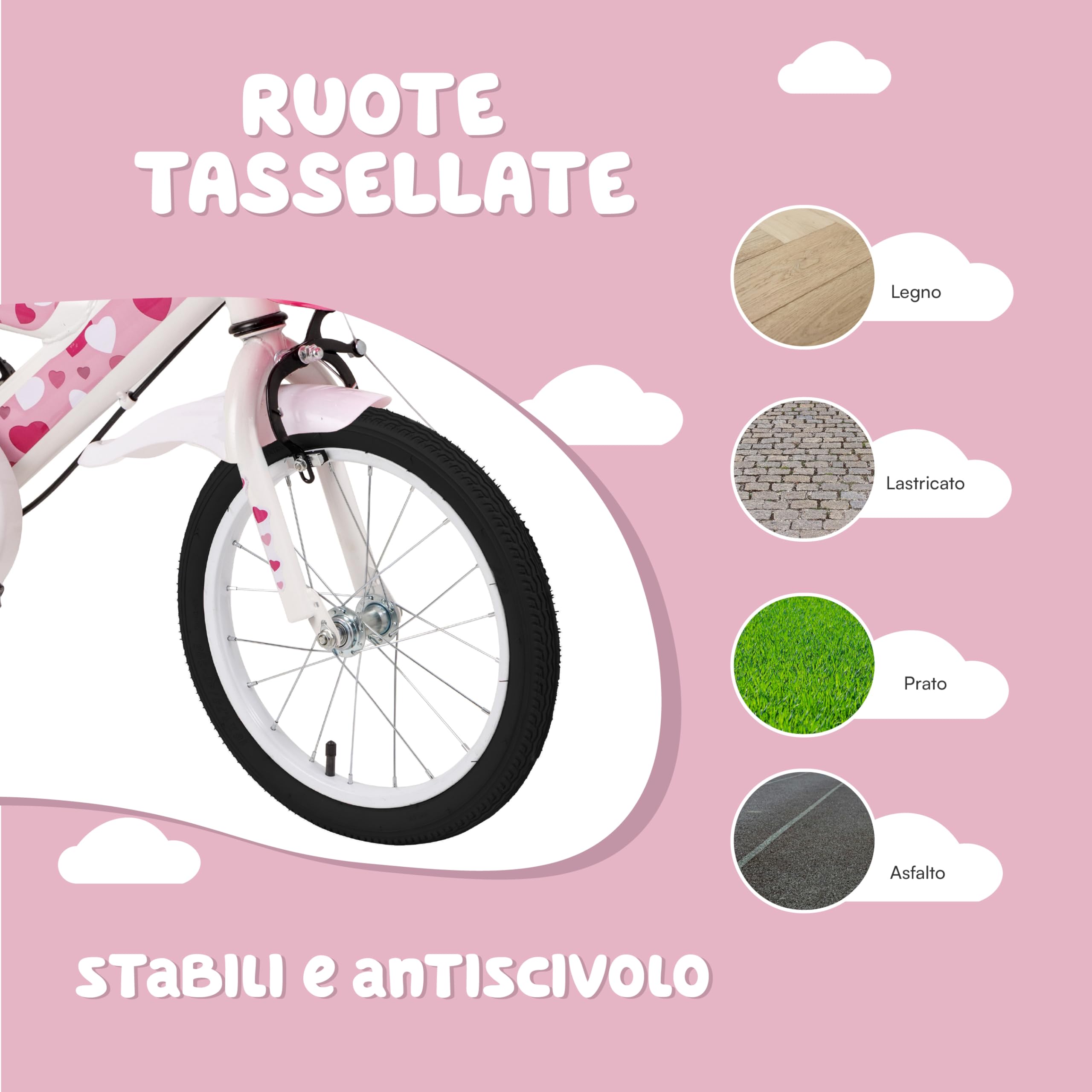 Baroni Toys Bicicletta Bambina Rosa Cuori 12" 14" 16" con Cestino e Rotelle