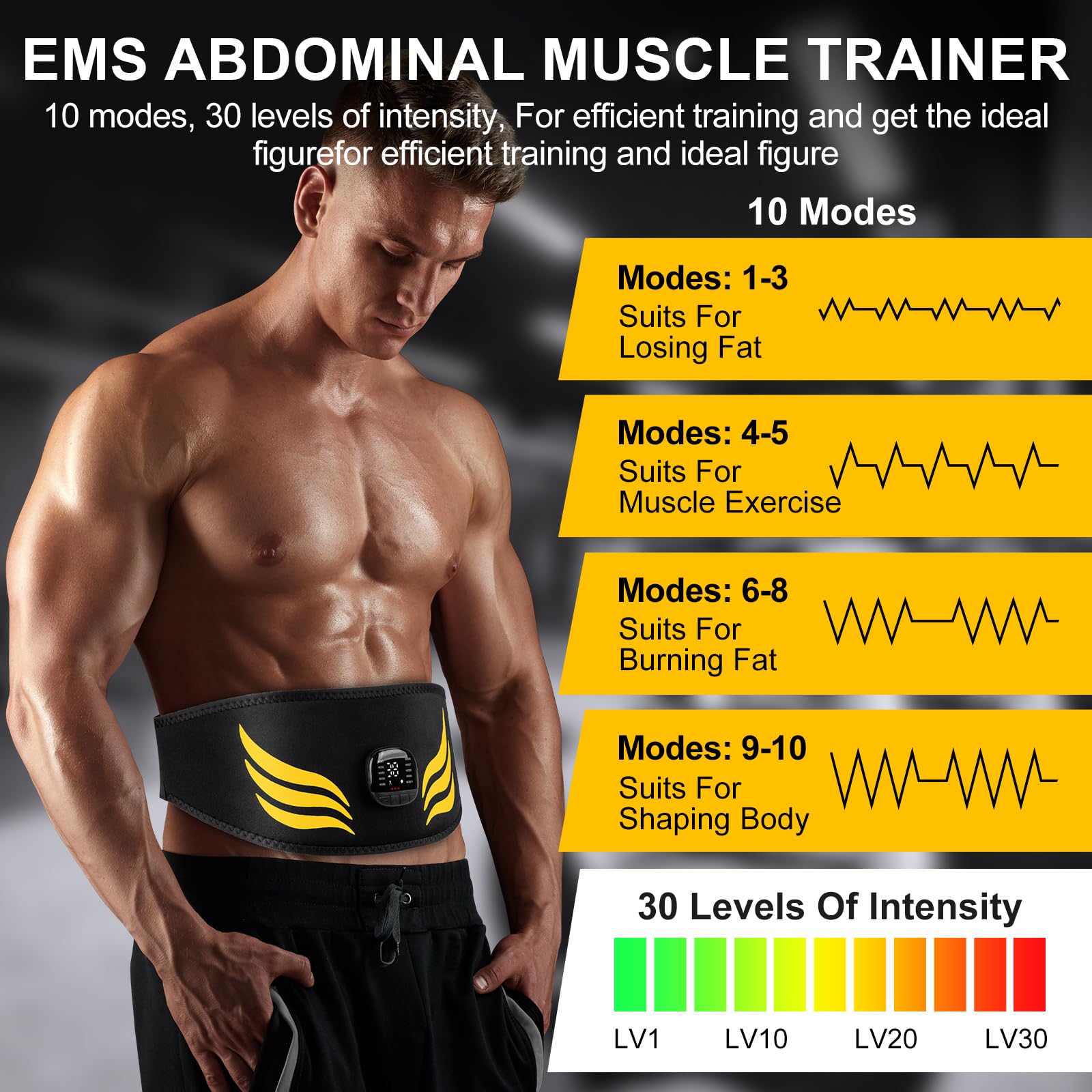EMS Bauchmuskeltrainer,Bauchmuskeltrainer Elektrisch mit 10 Modi und 30 Intensitäten,USB-Wiederaufladbarer Tragbarer EMS Trainingsgerät, mit Nzeige des Kalorienverbrauchs,EMS Bauchtrainer