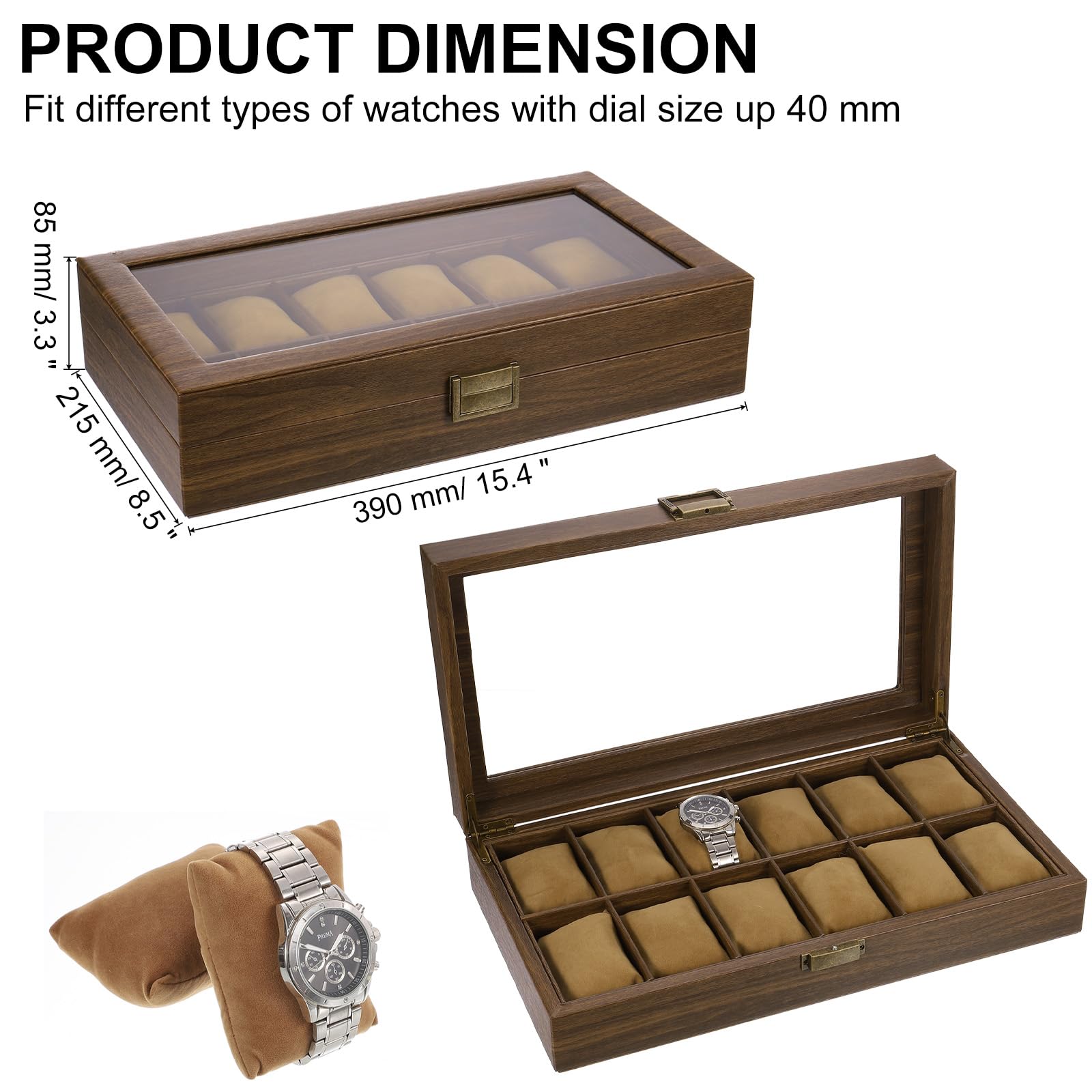 Boîte à Montres pour Homme, 12 emplacements, en Cuir PU grainé, avec Couvercle en Verre et Coussin Amovible, Compatible avec la Plupart des Montres et Montres connectées.