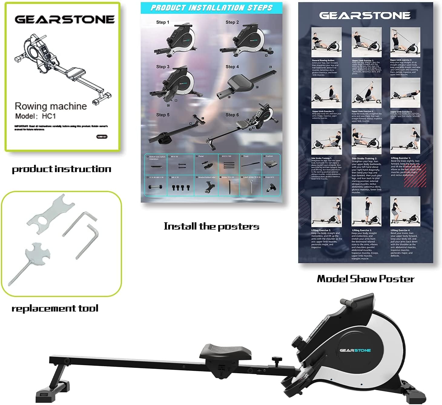 GEARSTONE Faltbarer Rudergerät, hochwertiger magnetischer, einstellbare Widerstände, leiser Innenruderer, LCD-Bildschirm für Heimfitness geeignet, Hc-1, HC-1, HC-1