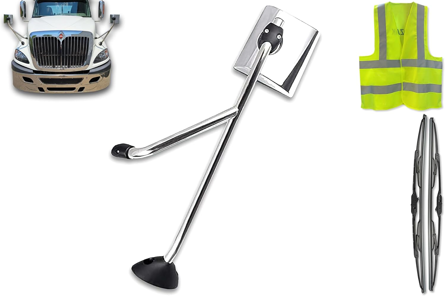 KOZAK Chrome Hood Mirror Left Driver Side Heavy Duty Mirrors Compatible with International Harvester ProStar 2002-2017 Manual Adjusted PLUS Logo, 2x 22"Windshield wipers and Vest