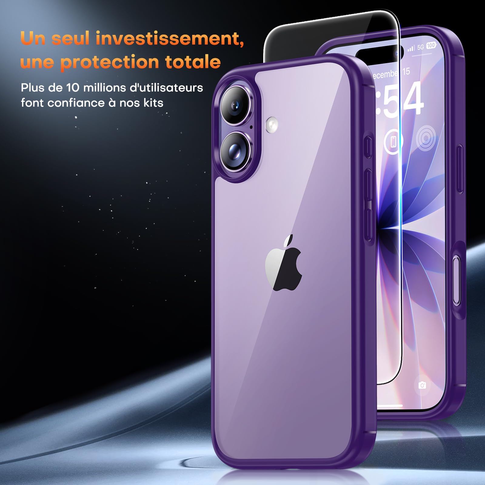 TAURI Coque pour iPhone 17 avec Protection D'écran en Verre Trempé, Protection Militaire, Coque Bumper Transparente Antichoc - Violet