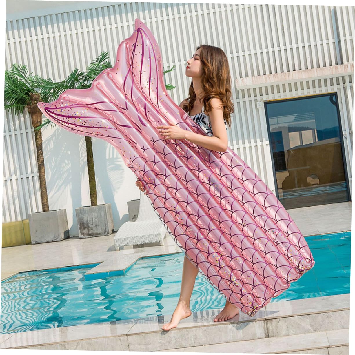 Mikikit Cama Flotante Inflable Forma Aleta de Sirena PVC Rosa para Piscina Uso en Exterior