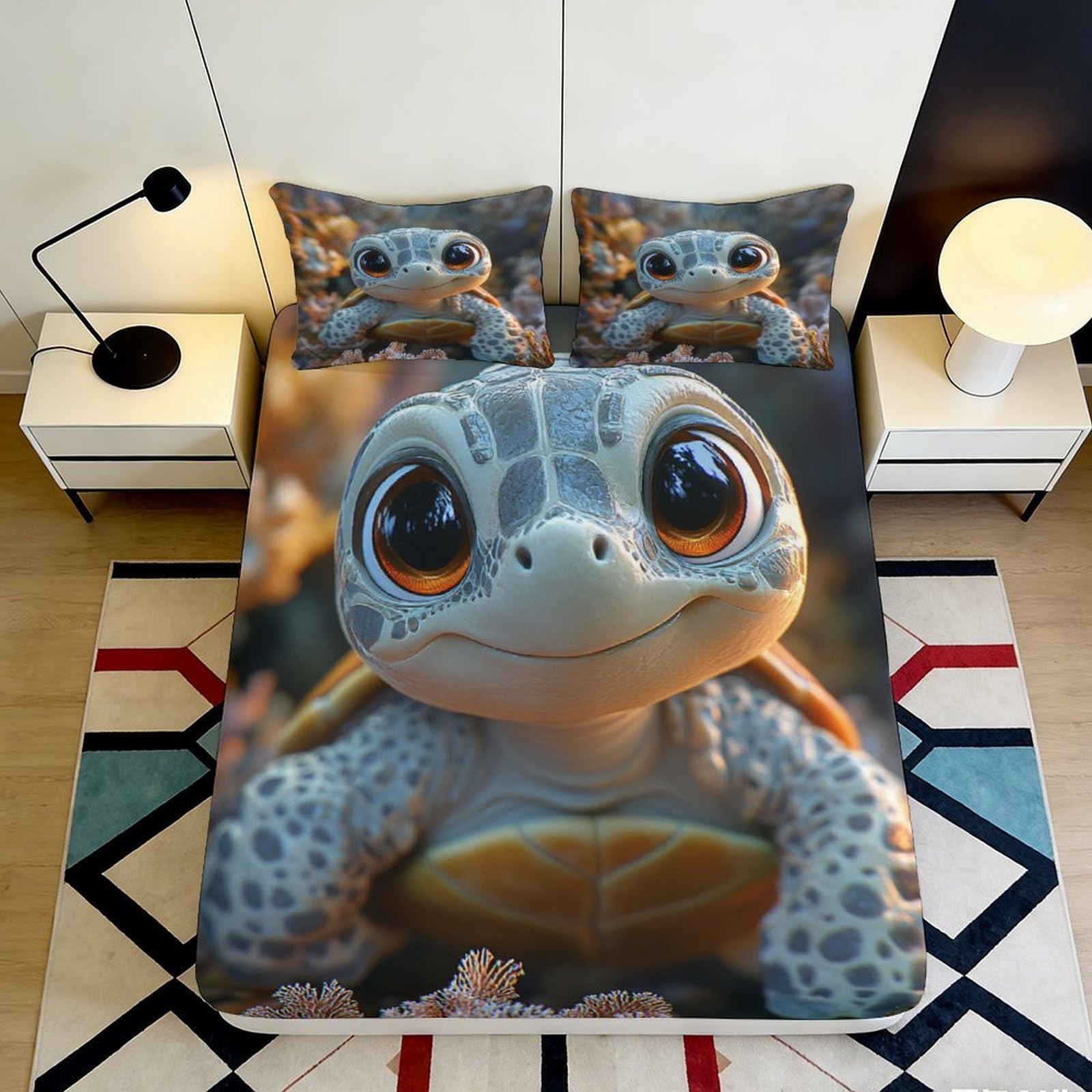 3D Printed Cute Turtle Fitted Sheet Microfiber Soft Breathable Cartoon Turtle Bed Cover for Bedroom Dormitory Guest Room Mattress Protection 120x200x25cm