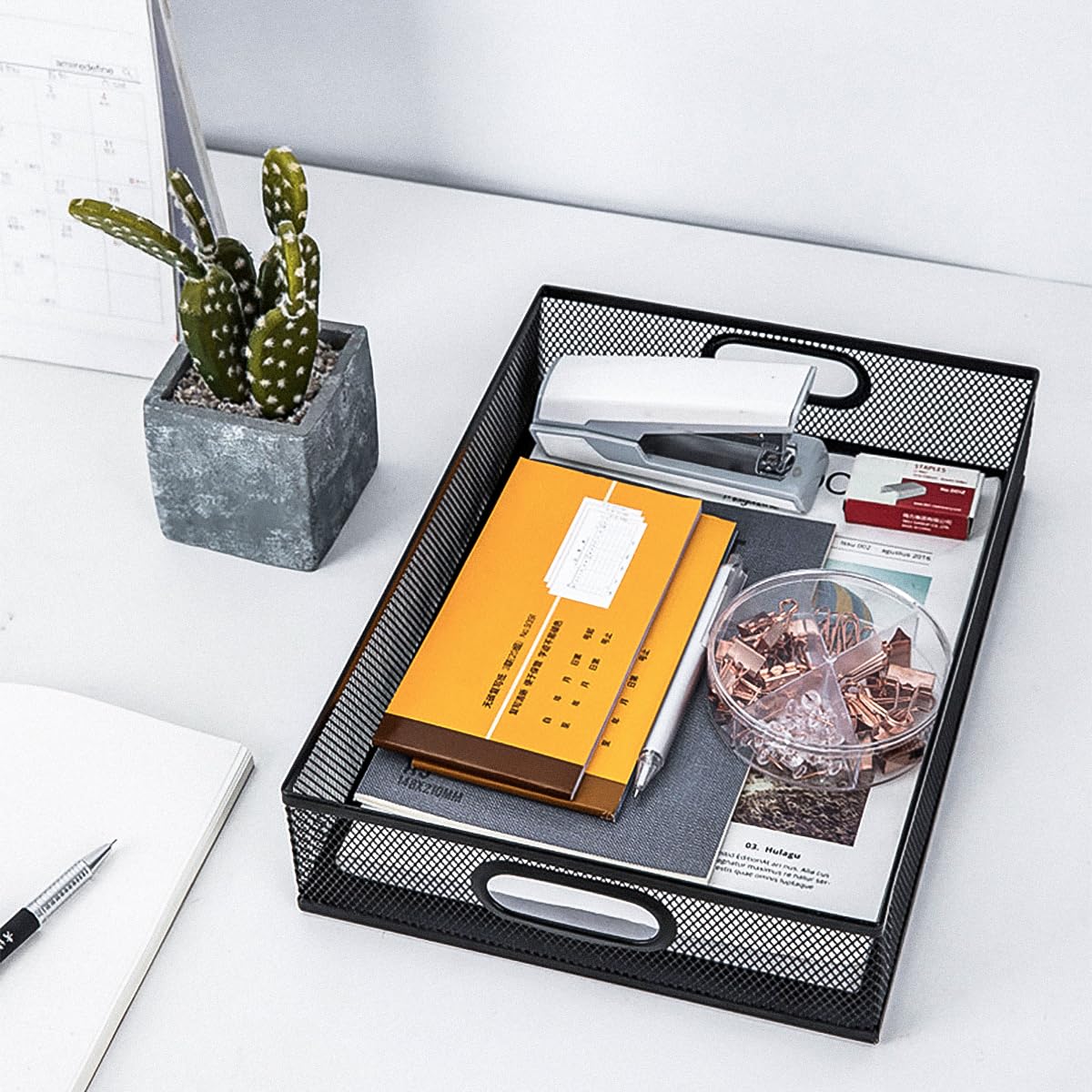 Elsjoy Organizer na biurko do szuflad, metalowa siatka, organizer na dokumenty z uchwytem, przenośny, duży kosz do przechowywania materiałów biurowych, rękodzieło, czasopisma, papier 12,5 x 9