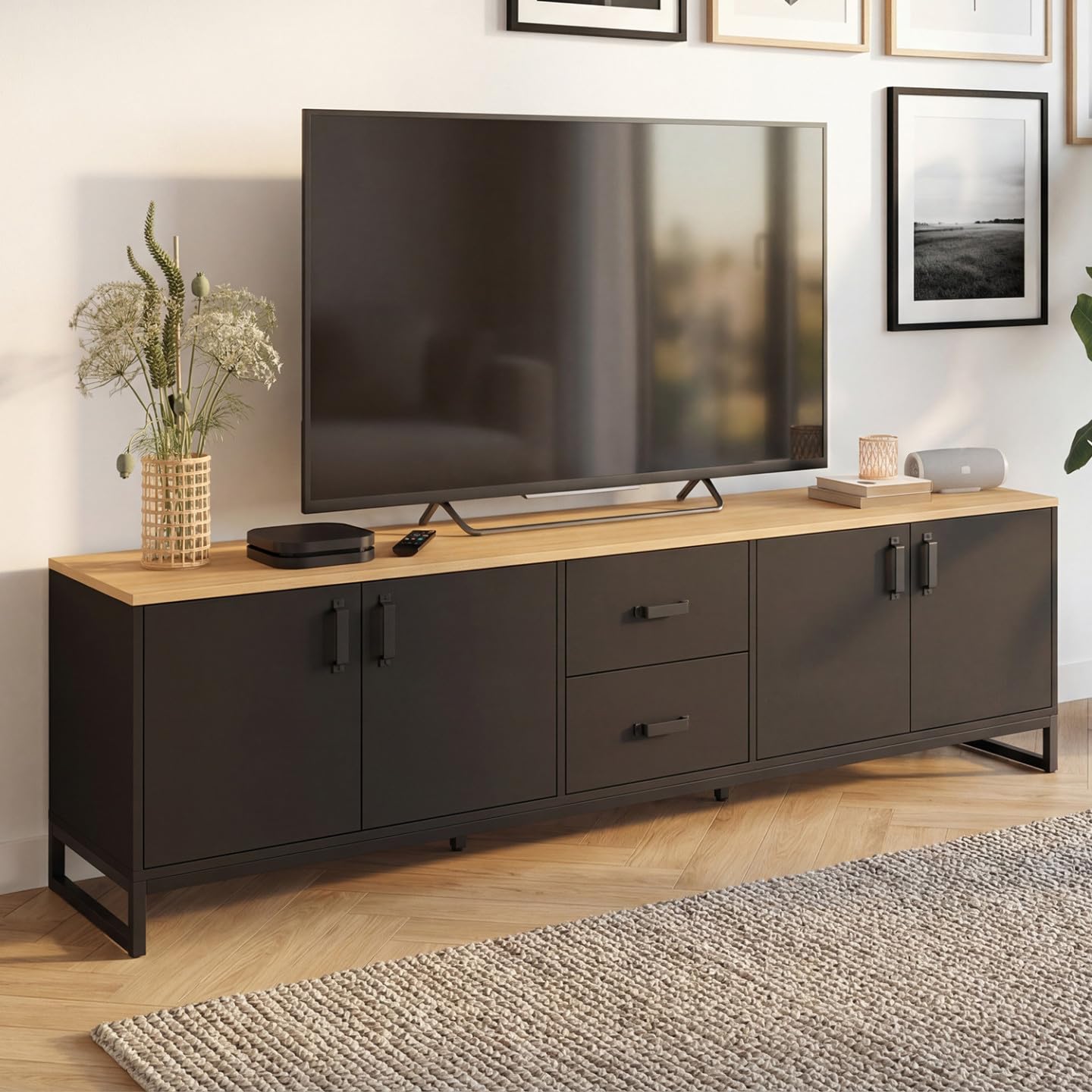IDMarket - Meuble TV 180 cm Washington 4 Portes et 2 tiroirs Bois et Noir