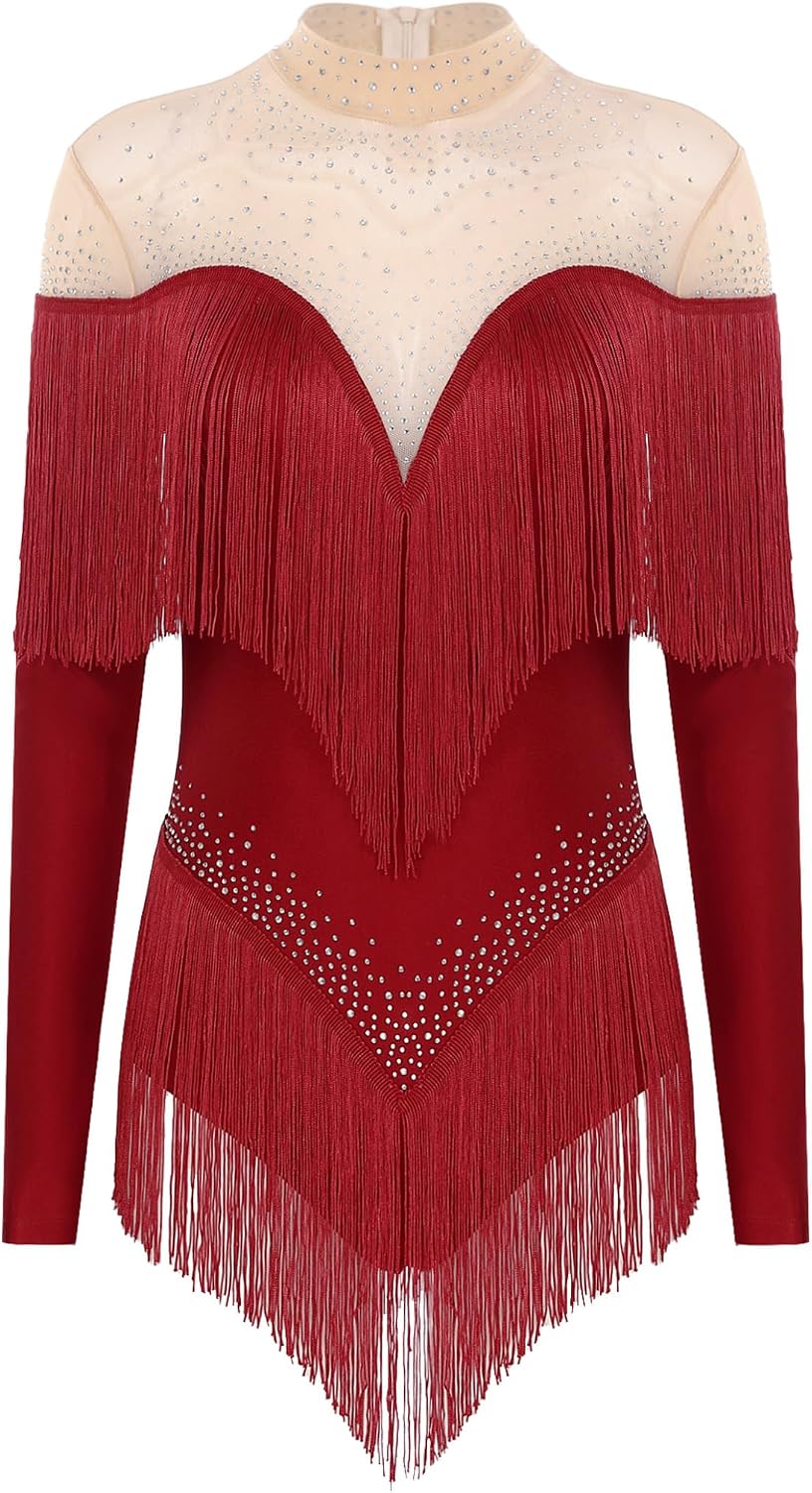 Women Tassel Latin Dance Leotard Long Sleeve Sheer Mesh Shiny Fringe Tango Salsa Cha-Cha Bodysuit