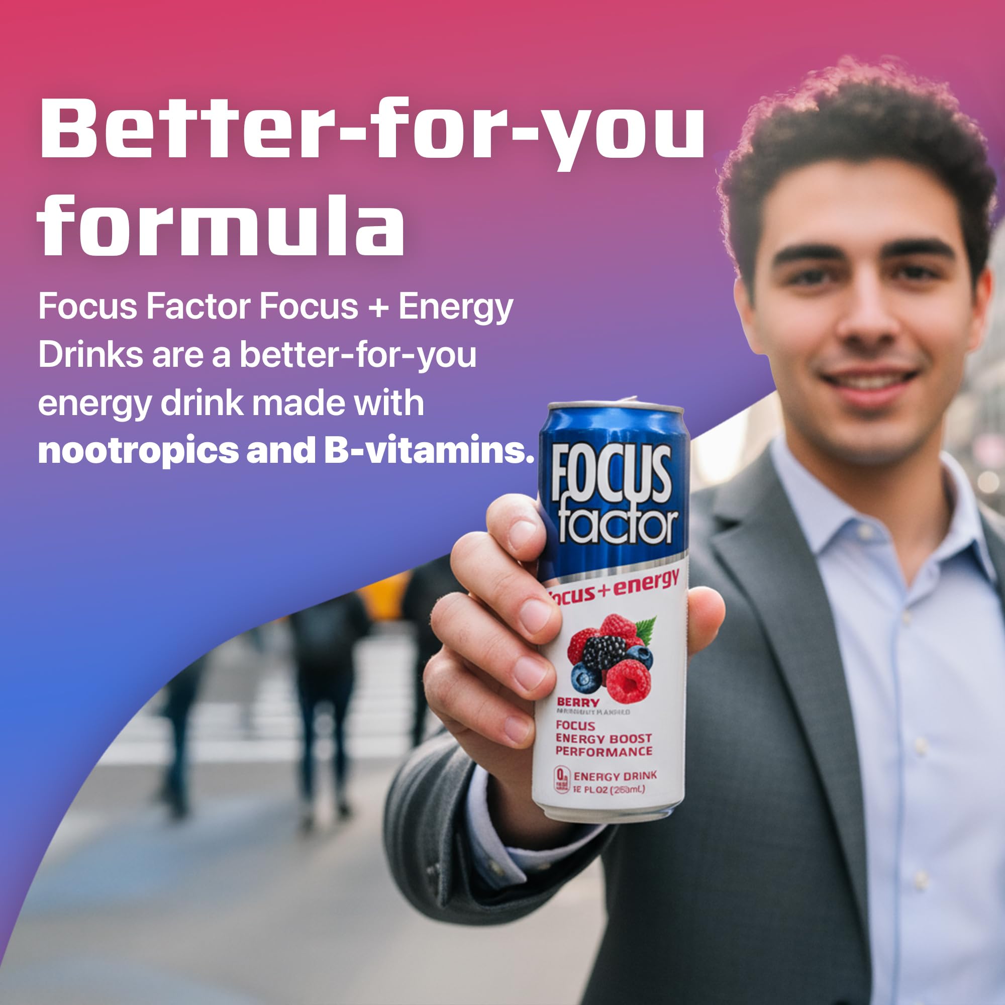 Focus Factor Energy Drink - 12 x 355ml Cans (Berry Flavour) - with Focus + Energy - Lightly Carbonated, Sugar Free, Low Calorie with Vitamin B6 & Vitamin B12