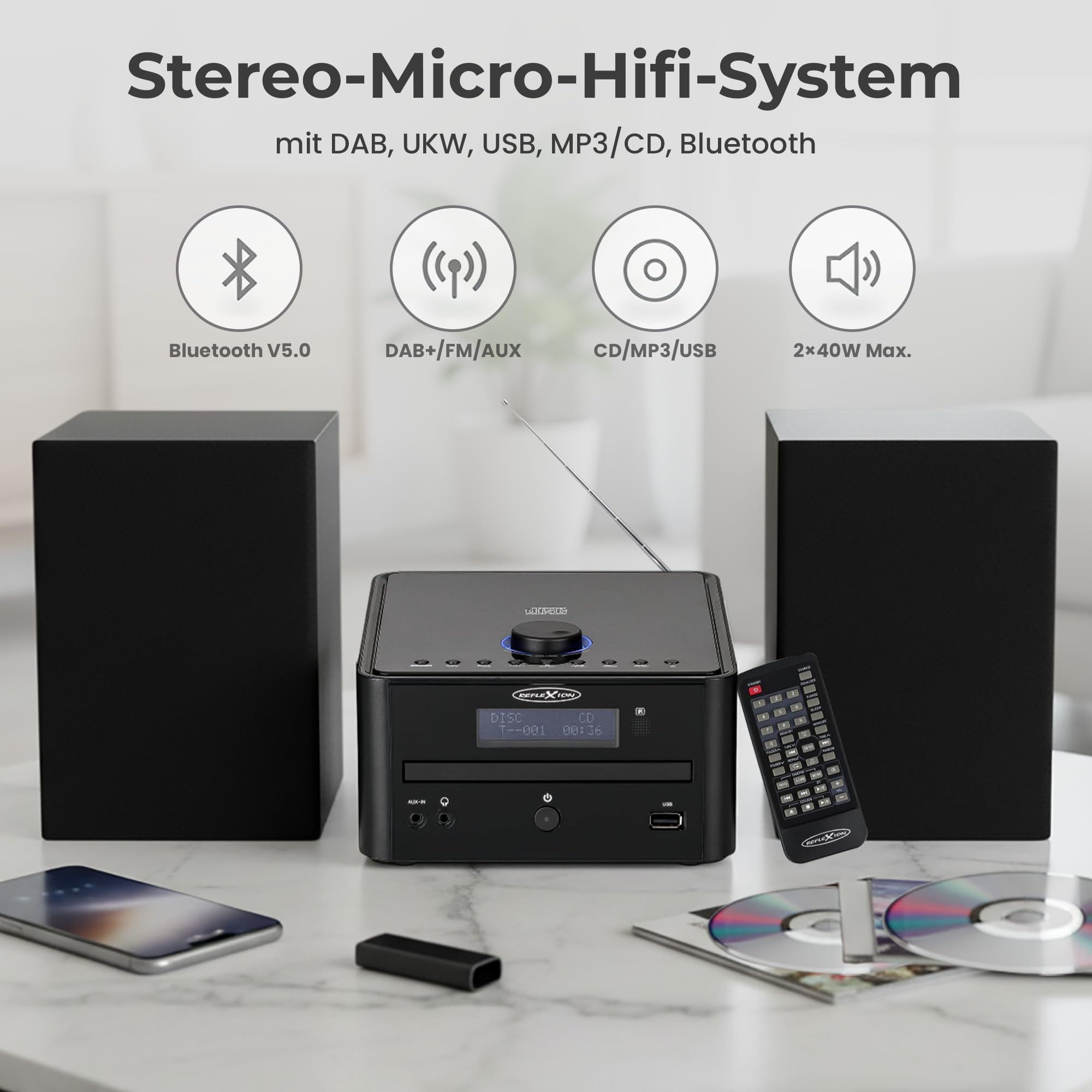 Reflexion HIF79DAB HiFi-Stereoanlage 2x40Watt Max. Musikleistung, CD/MP3, DAB+ Digitaltuner, Bluetooth, Streaming, USB/MP3, Alarm/Uhr/Sleeptimer, Schwarz