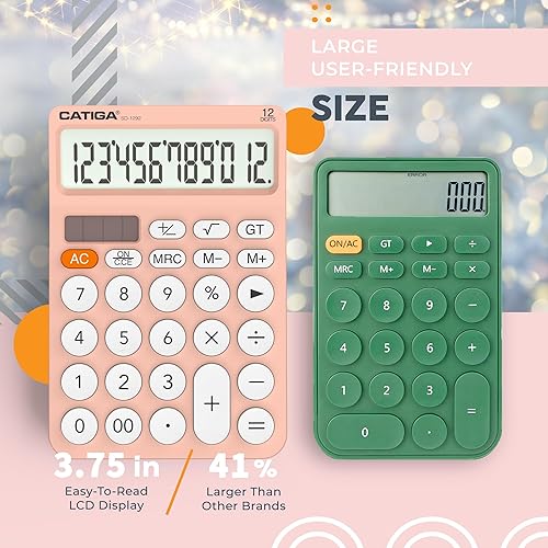 Miniatura 3 de CATIGA Calculadora de escritorio de 12 dígitos Calculadora de escritorio básica con pantalla LCD grande, botones grandes, 4 funciones, energía solar