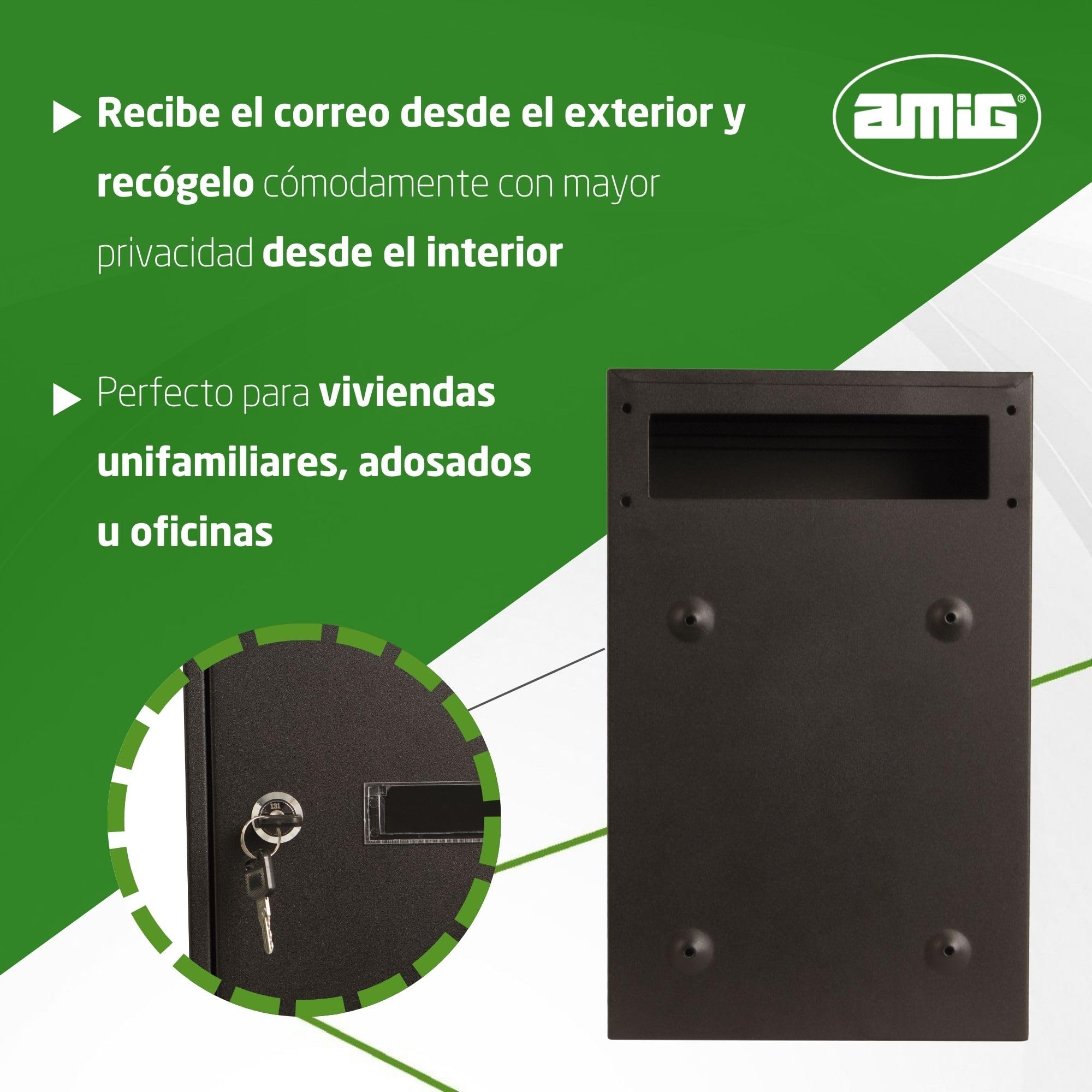 Amig - Buzón Recogecartas para Interior - Tamaño Compacto para DIN A4 - Apertura con Cerradura - Acero Negro- Fácil de Instalar en Puertas o Verjas - 40 x 25 x 10 cm