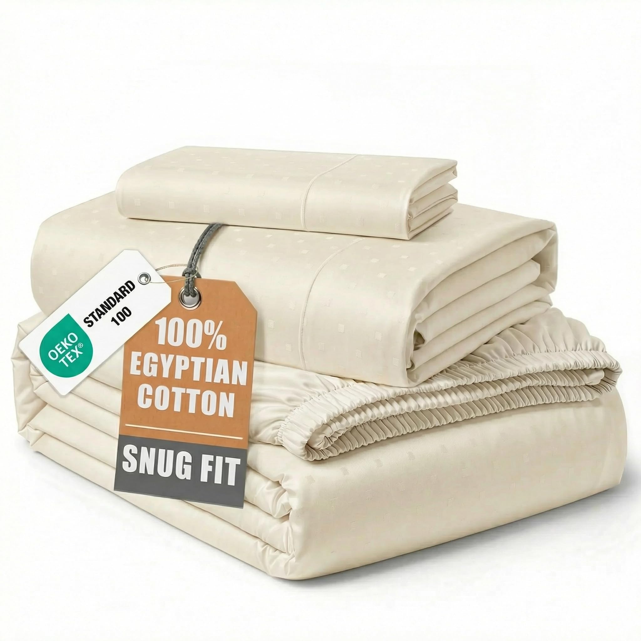 LANE LINEN Twin Size Sheets 100% Egyptian Cotton Sateen - Ivory Swiss Dot