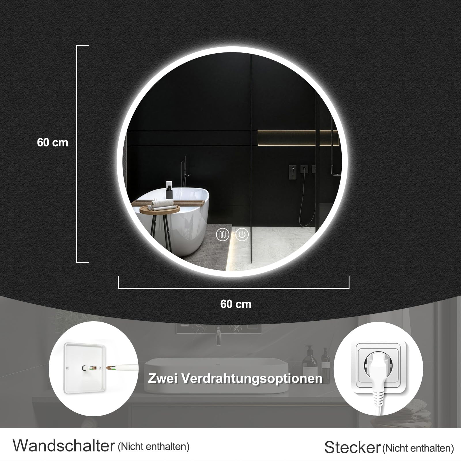 Badspiegel mit Beleuchtung 60cm, Runder Spiegel Badezimmerspiegel mit Beleuchtung, Touch-Schalter, Speicherfunktion, HD Hartglas, 3 Lichtfarben Dimmbarer LED Badezimmer Wandspiegel,60cm Rund