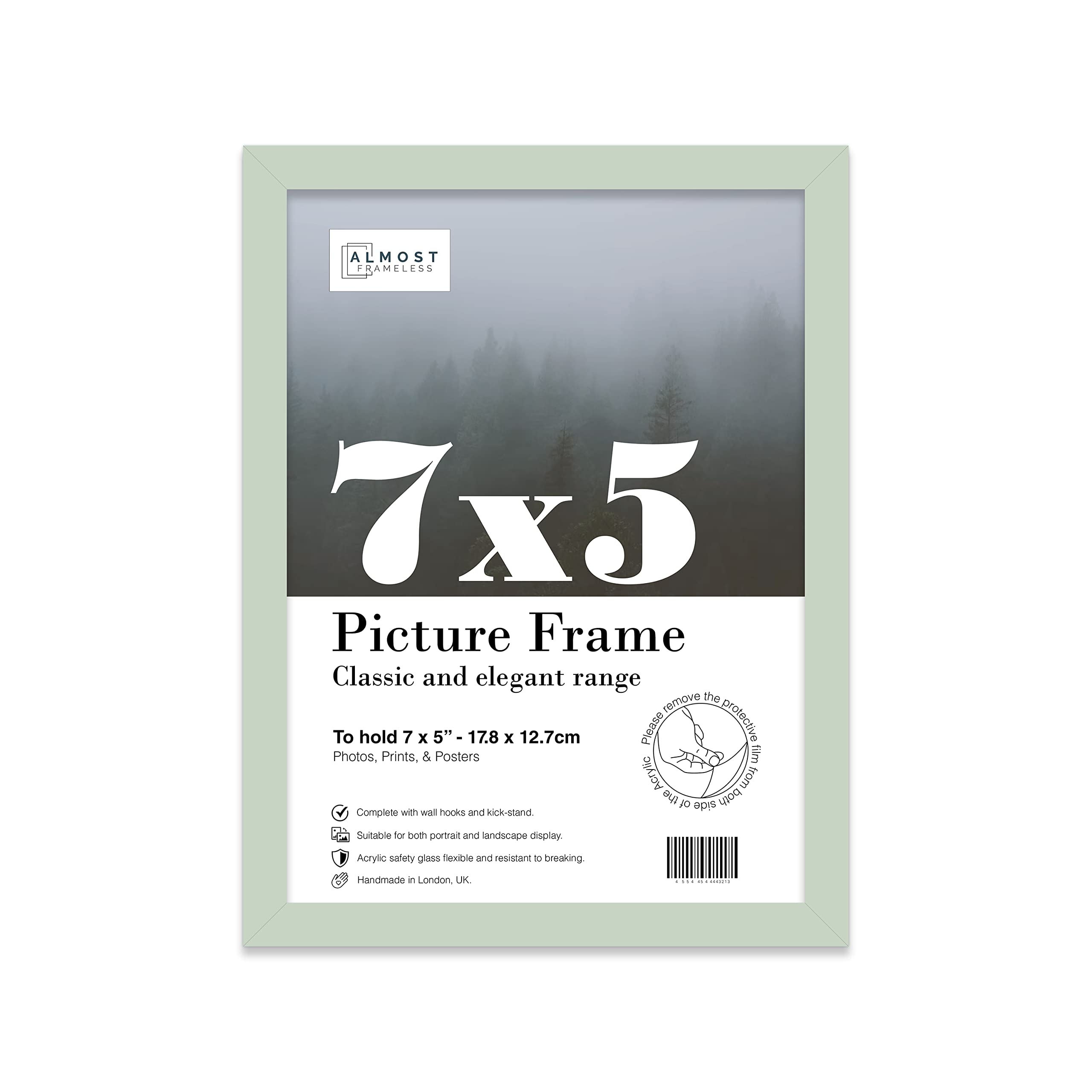 Almost Frameless 7x5 Mint Green Picture Frame 7"x5"(17.7x12.7cm) Poster, Photo, Artwork, or Print. Thin Edge Slim Frame Portrait and Landscape Display with Wall Hooks