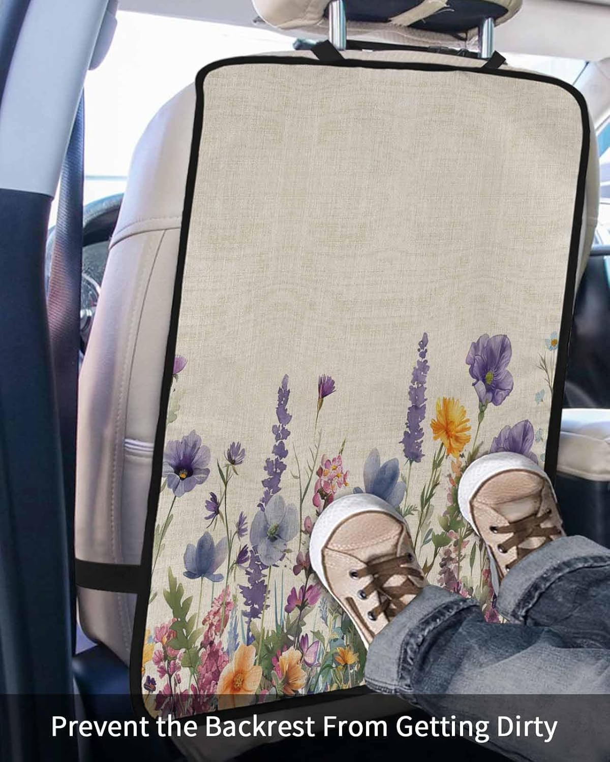 Car Seat Protector, 2 Pack Kick Mats Back Seat Protector Poppy Lavender Daisy Flowers Watercolor Floral Retro Linen Waterproof Backseat Cover for Kids Universal Fit Automotive Interior Protectors