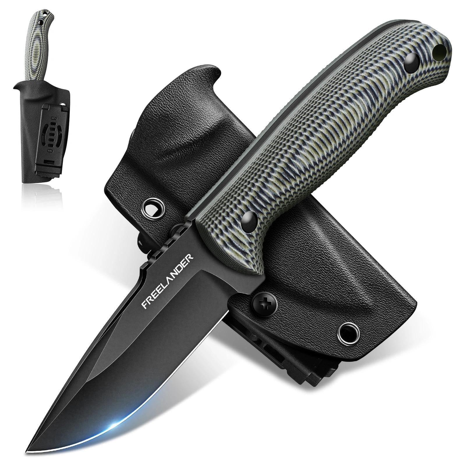 Freelander Fixed Blade Knife with Kydex Sheath, D2 Steel Survival Knife