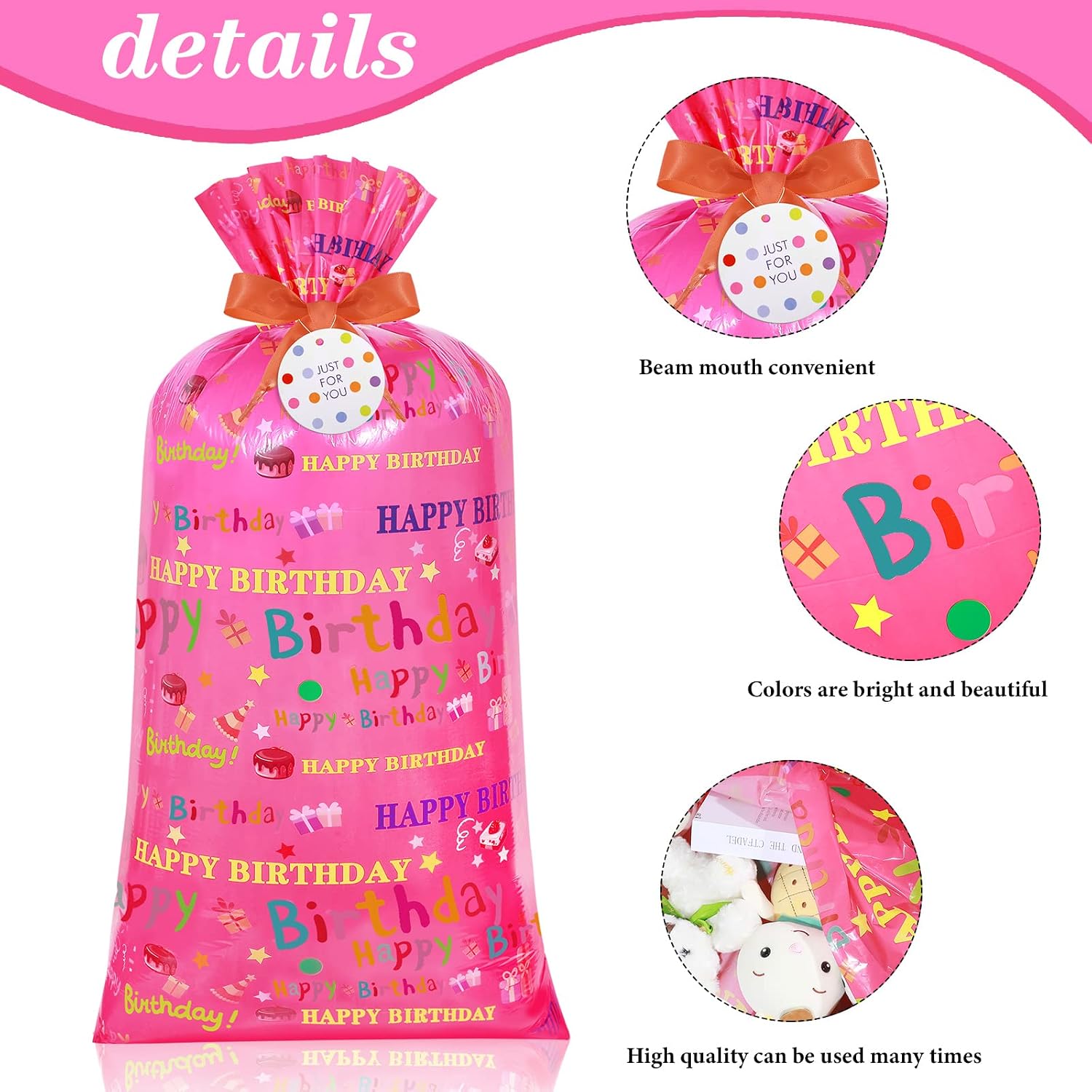 Teling 2 Pcs 70"x 40" Extra Large Jumbo Gift Bags Plastic Present Giant Wrapping Bags with 2 Cord Tie and 2 Gift Tags for Birthday Party Supplies(Girl Style) image 3