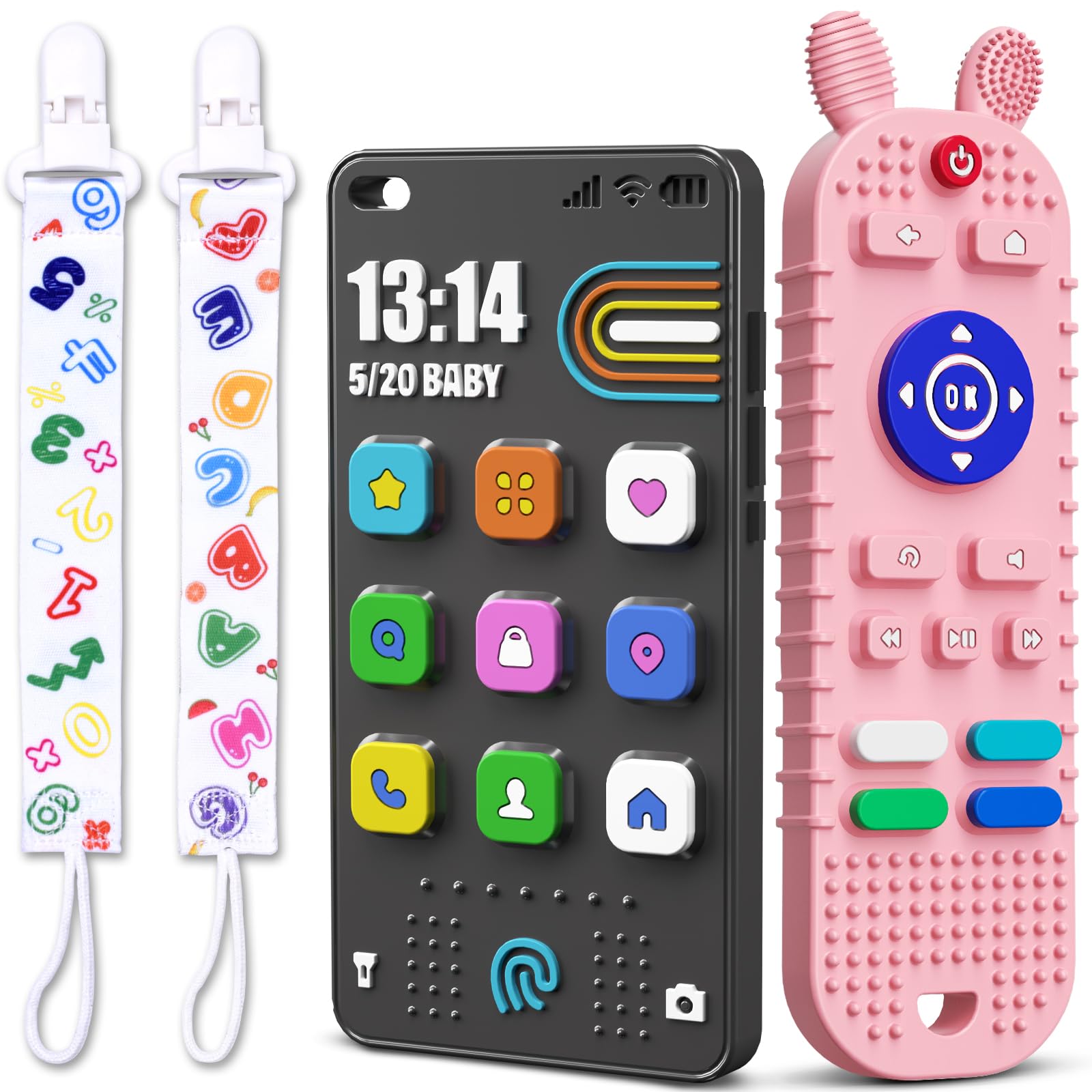 Kaodezhu TV Remote Control Shape Baby Teething Toys and Phone Shape Teether Toys for Babies 6-12 Months, Soft Flexible Silicone Chew Toys for Baby -