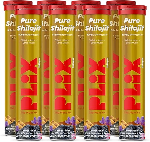 Plix Pure Himalayan Shilajit - Tabletas efervescentes de 250 mg con musli seguro y azafrán, energía natural y apoyo de fuerza, sabor naranja, 120