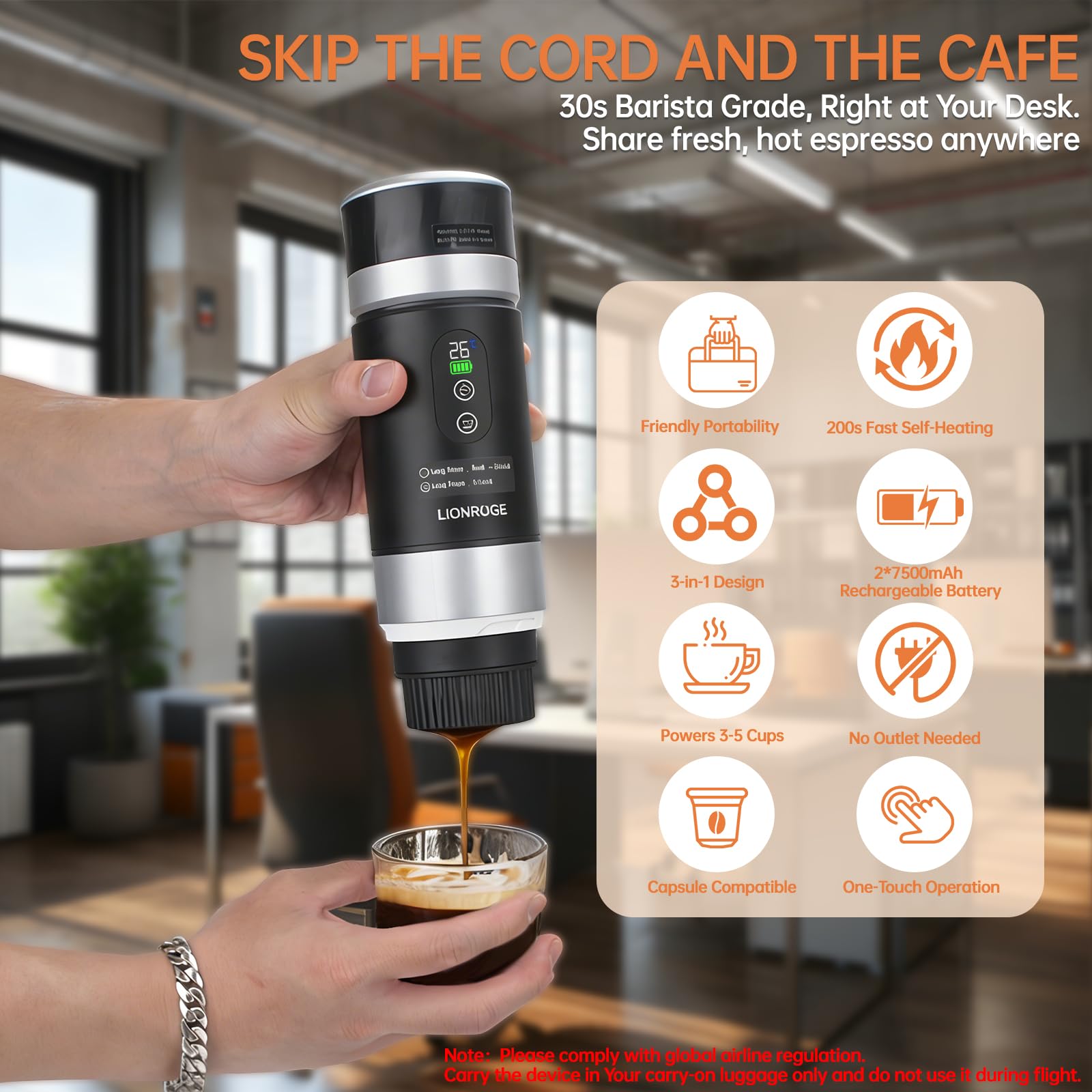 LIONROGE Akku Kaffeemaschine,3 in 1 Tragbare Espressomaschine,mini Espressomaschine für Kapsel und Gemahlener Kaffee,mit Wechselbare Akku*2 für Wohnmobil Wandern Camping
