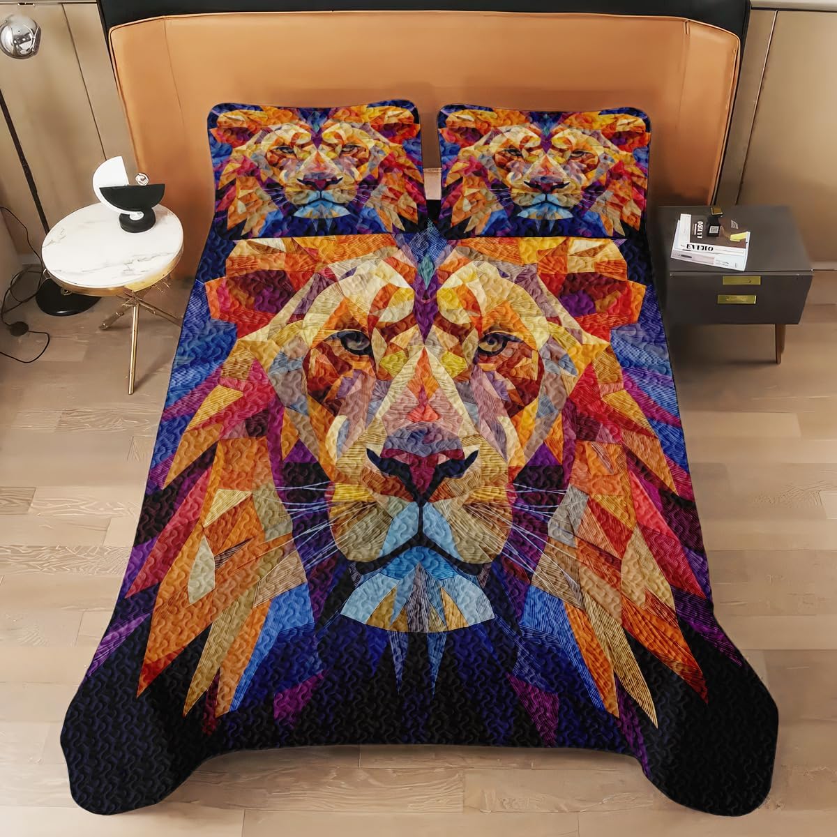Personalized Patchwork Lion Quilt Set, Tribal Safari Jungle Animal Bedding, Wild Lion Bedspread for Men Boys Bedroom Decor Twin Queen King Size (Patchwork Lion)