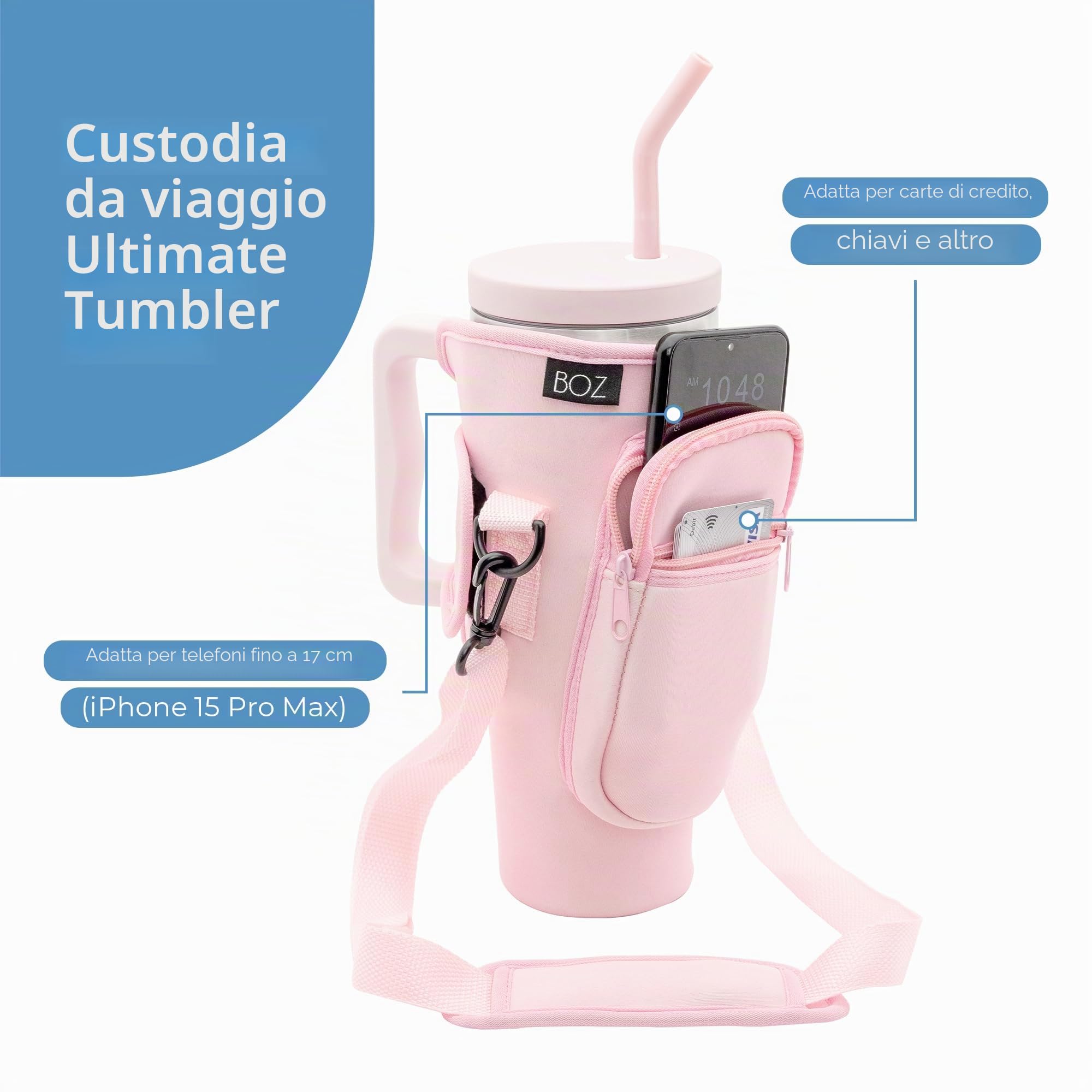 BOZ Porta Borraccia Tracolla con Tasca per Cellulare - Porta Borraccia Termico in Neoprene da 1,2 L - Portabibite Termico con Tracolla Regolabile (Rosa)