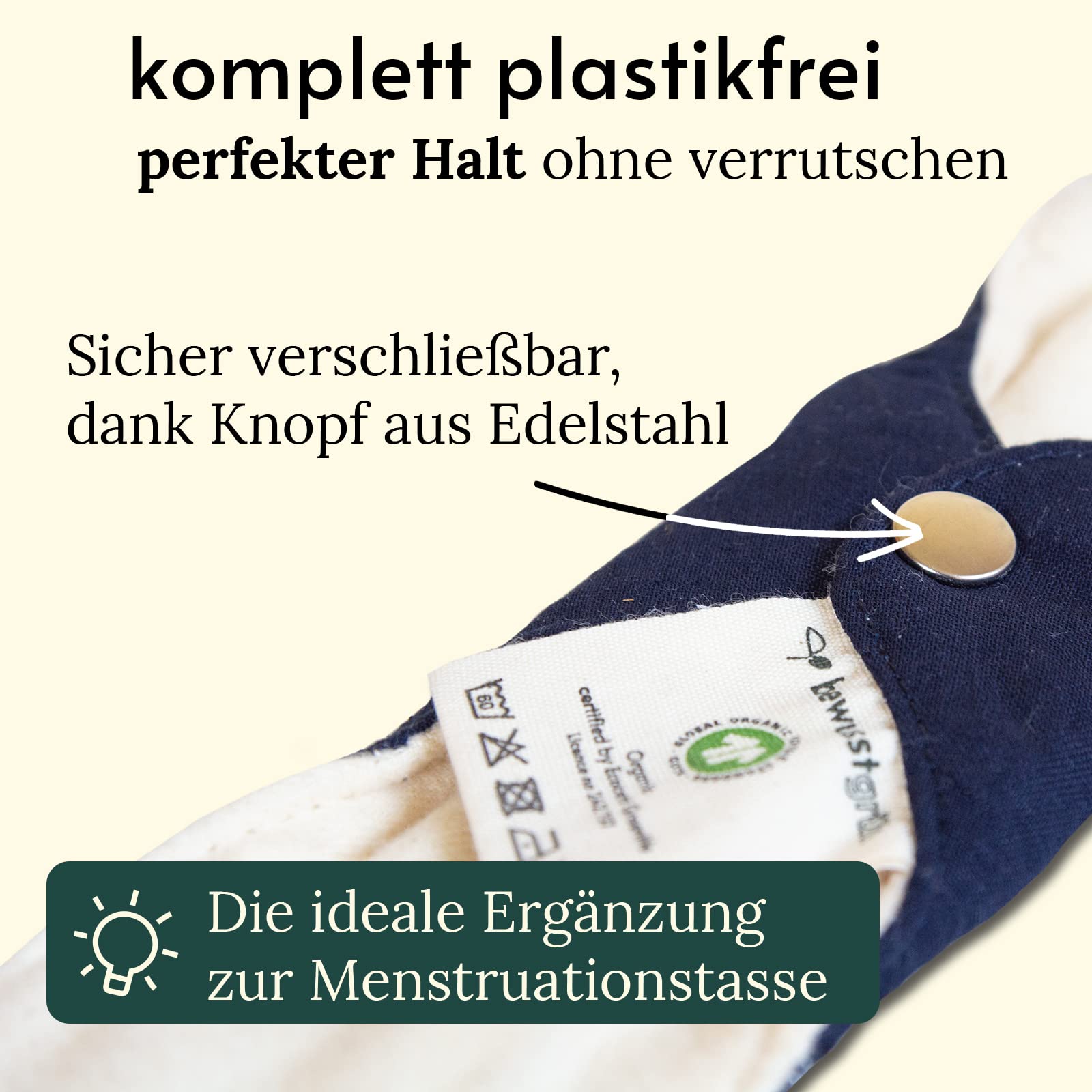 7 Bio-Stoffbinden + Wet Bag & Pflegeanleitung I 100% Bio-Baumwolle I 3-lagiger Schutz und Komfort in der Periode, Waschbare Slipeinlagen