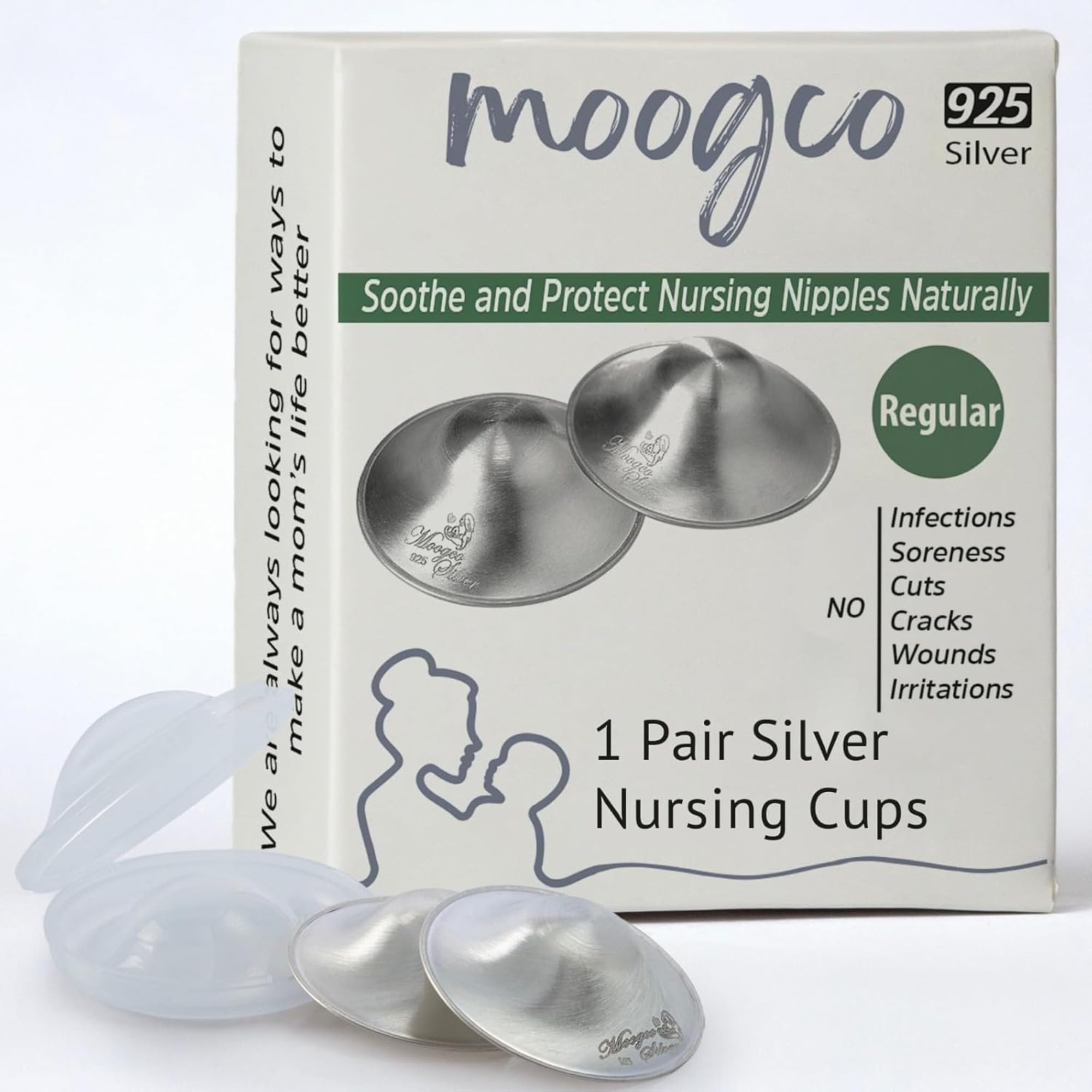 Moogco The Original Silver Nursing Cups - Nipple Shields for Nursing Newborn - Breastfeeding Essentials - Newborn Essentials Must Haves - Nipple Covers Breastfeeding - 925 Silver