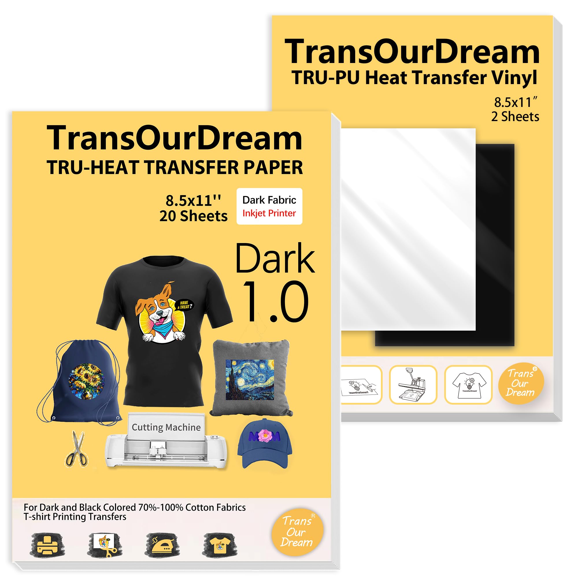 TransOurDream Tru-Iron on Heat Transfer Paper for Dark Fabric (20+2 Sheets, 8.5x11") Prin…