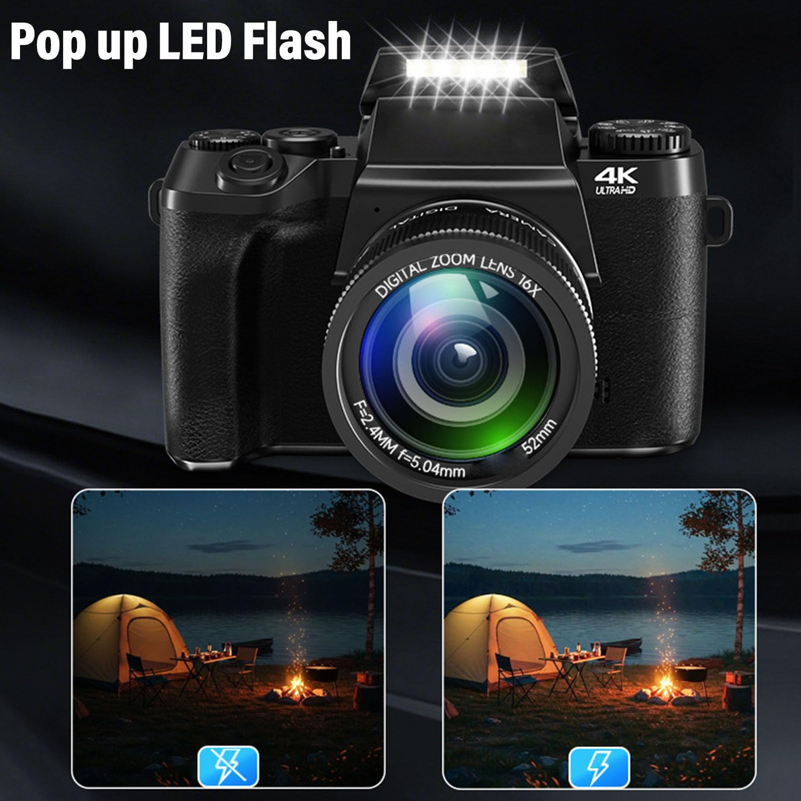 ASHATA Camera Digitale da 64 MP 4K per Fotografia, Videocamere Zoom 16x per le Riprese, con Sensore CMOS Flash LED WiFi, Touch Screen da 4 ", Digicam Vlog per Adolescenti Principianti
