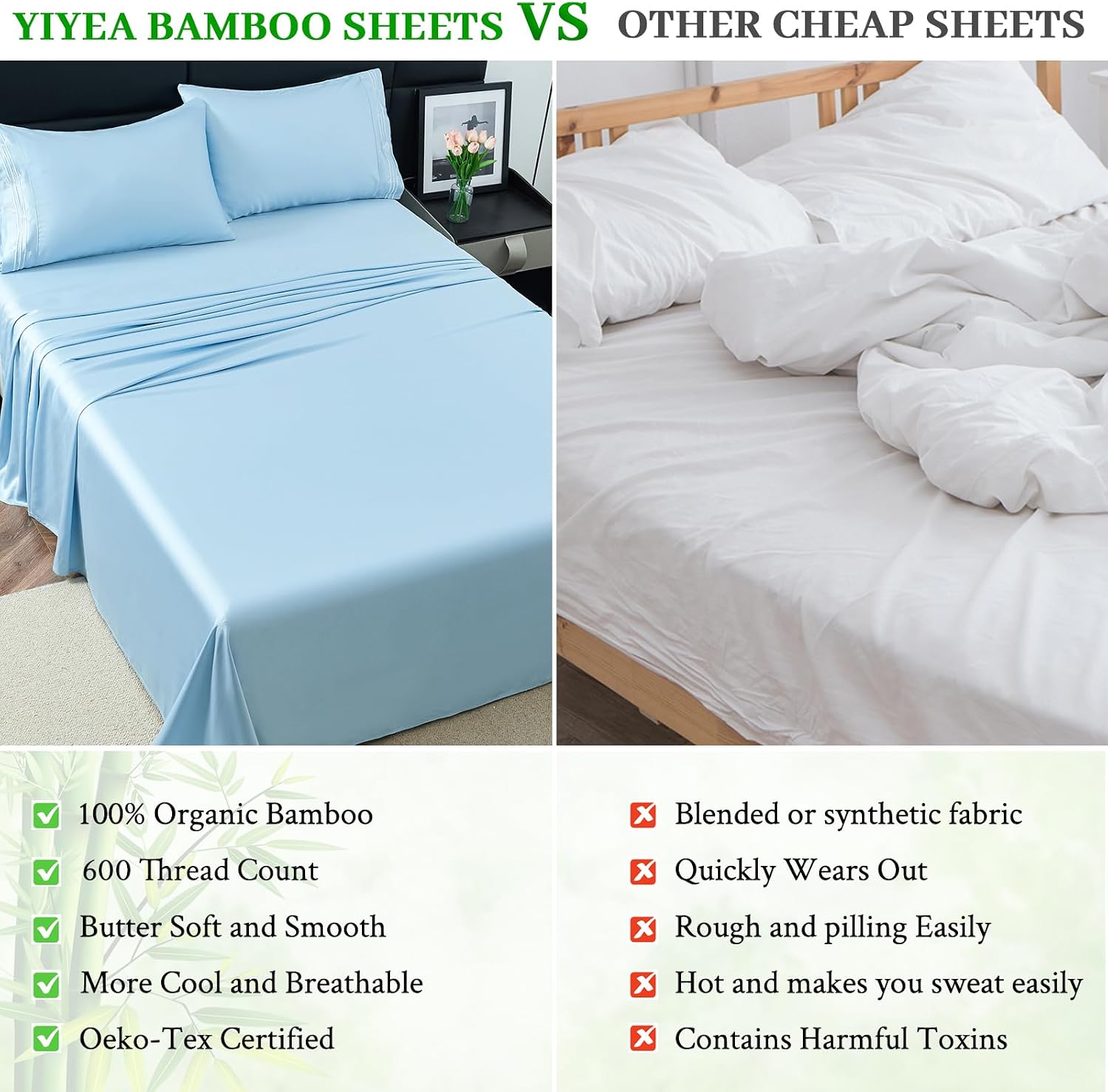 YIYEA 100% Viscose Derived from Bamboo Sheets, 600TC, 16" Deep Pocket, Breathable, Silky Soft, Cooling Sheets for Hot Sleepers, Full Size, Blue
