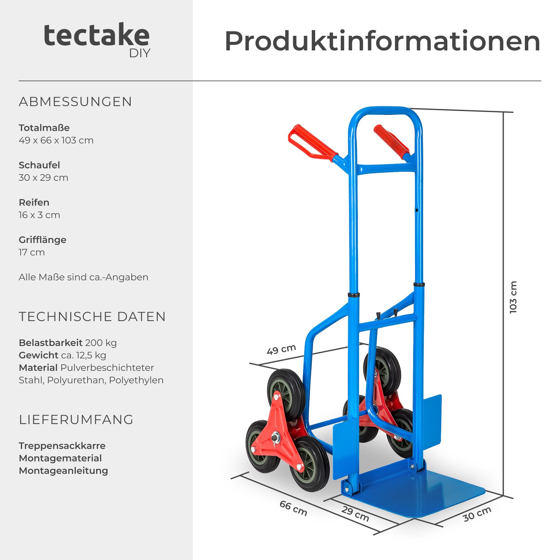tectake® Treppensackkarre mit Sternrädern, 200kg Belastbar, Stahl, Treppensteiger, Transportkarre, Handkarre, Lastenkarre, Treppentrolley, Stufenkarren, Tragkarre, Lastenroller, Sackkarre