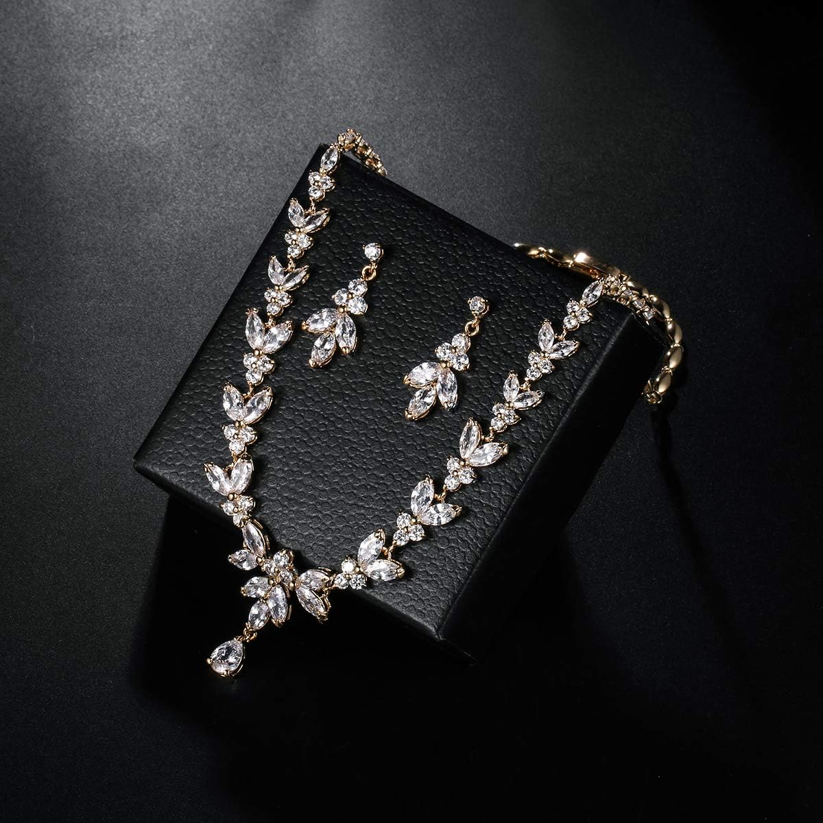 WeimanJewelry Silver/Gold Plated Women Cubic Zirconia Round CZ Marquise Teardrop Bridal Necklace and Drop Earring set for Bride Wedding (Gold) - Image 5