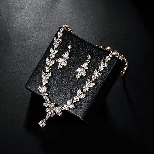 Miniatura 5 de WeimanJewelry Juego de collar y aretes de gota para mujer, chapado en plataorooro rosa, circonita cúbica redonda con circonita cúbica marquesa