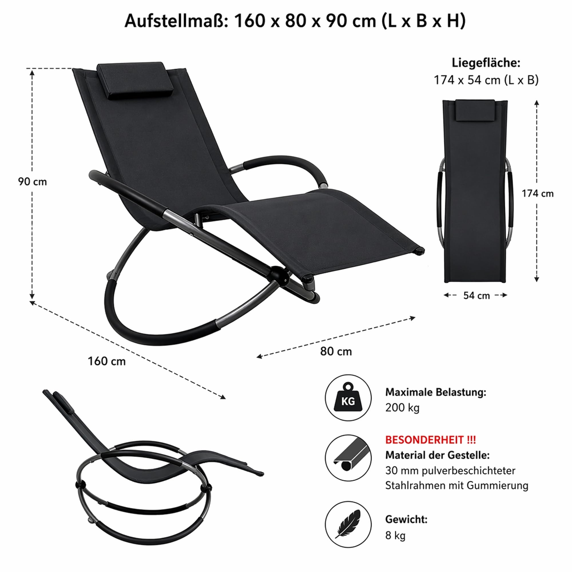 Mucola Relaxliege Sonnenliege klappbar bis 200 kg 160x80x90 cm Anthrazit | Schwungliege mit Schaukeleffekt, inkl. Kopfkissen, atmungsaktives Textilgewebe, schnelltrocknend, pulverbeschichteter Stahl
