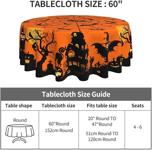 Miniatura 4 de Giwawa Mantel redondo de Halloween de 60 pulgadas, mantel circular de castillo de calabaza, gato, negro, naranja, murciélago, araña, reutilizable,