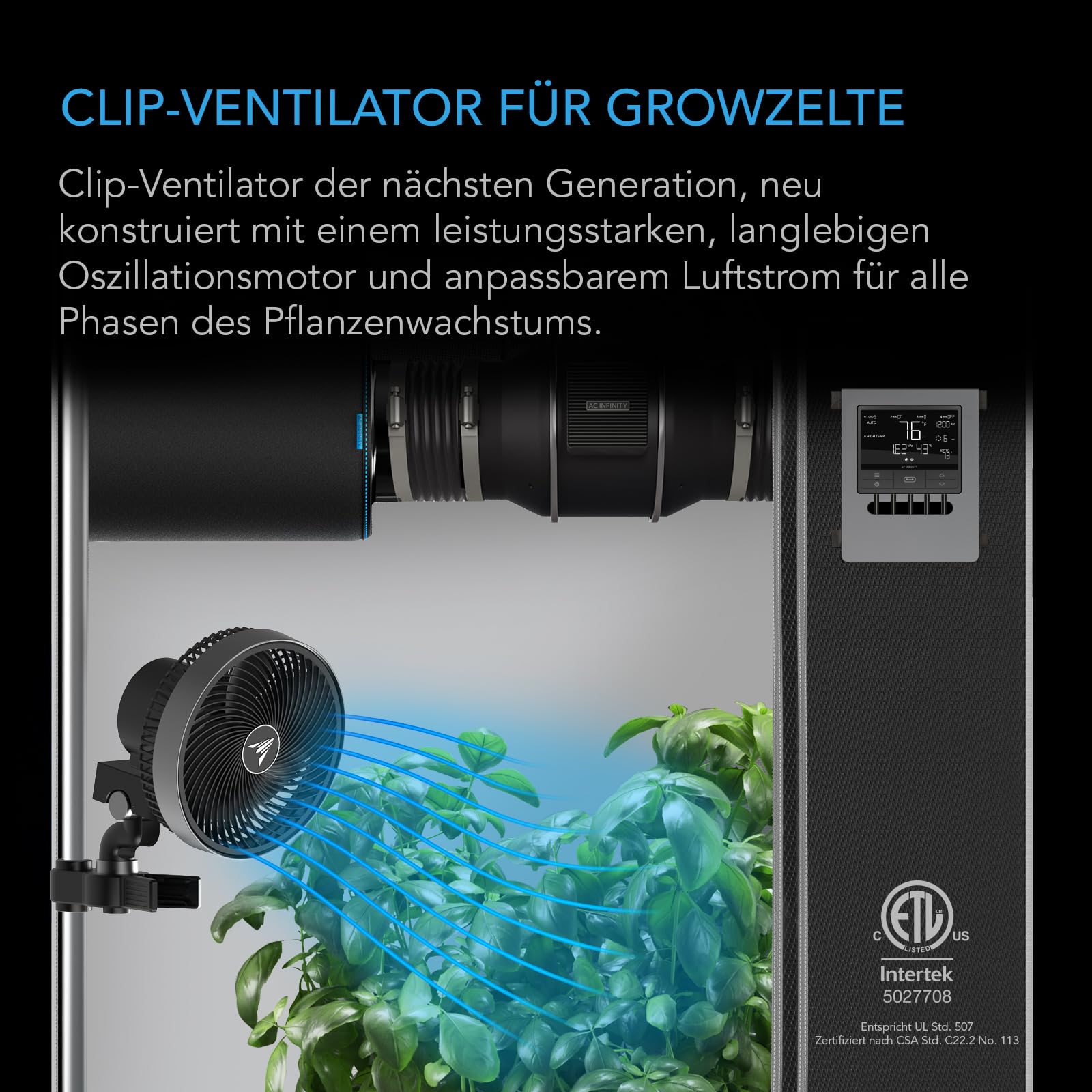 AC Infinity CLOUDRAY S6 – Clip-Ventilator 150mm für Grow Zelte mit langlebigem EC-Motor, 10 Windstufen, 10 Oszillationsstufen, IP54, für Umluft und Kühlung im Indoor Grow