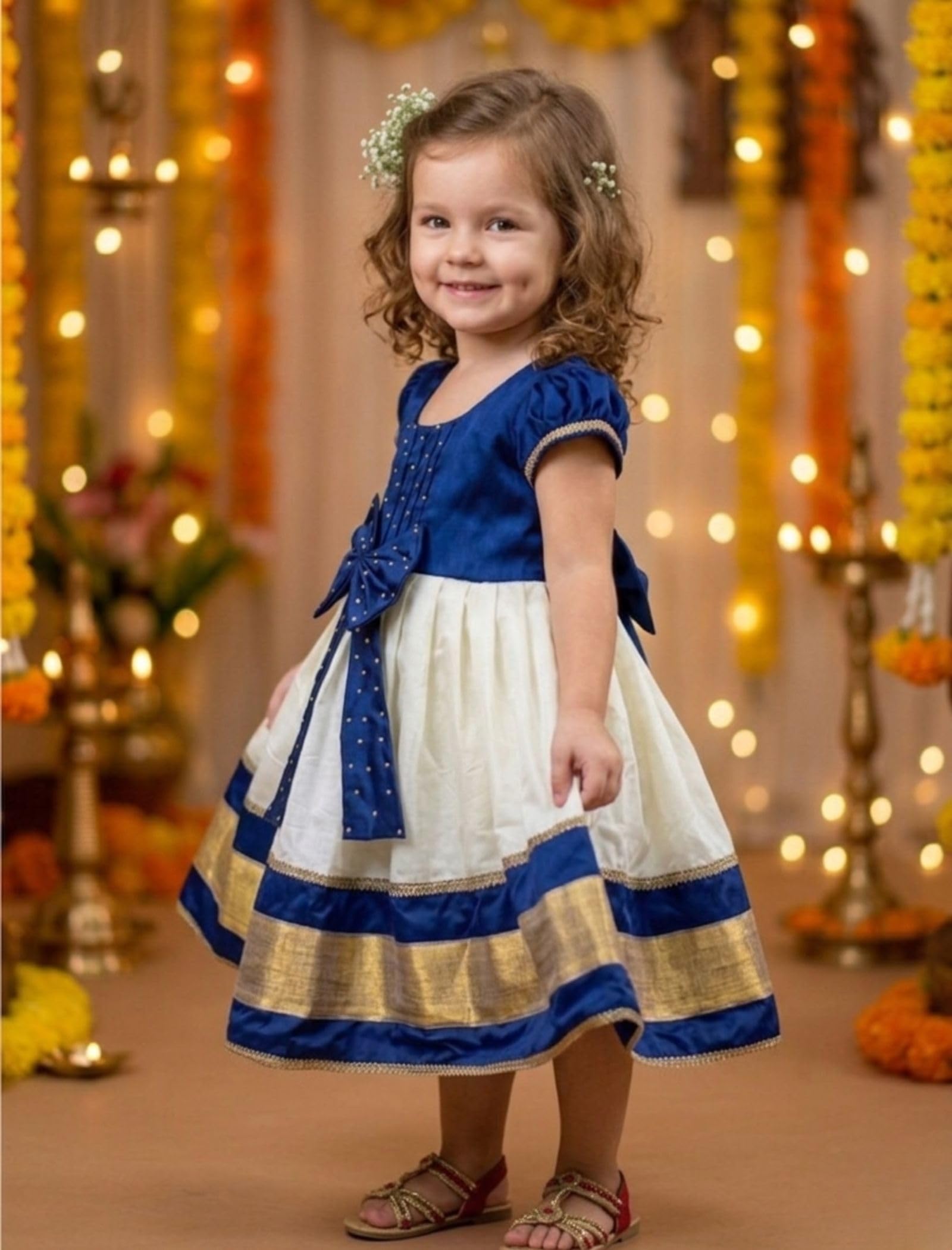 Angel f Studio Baby Girls Cotton Silk Midi/Knee Length Festive/Party/Wedding Pattu Dress Blue 4