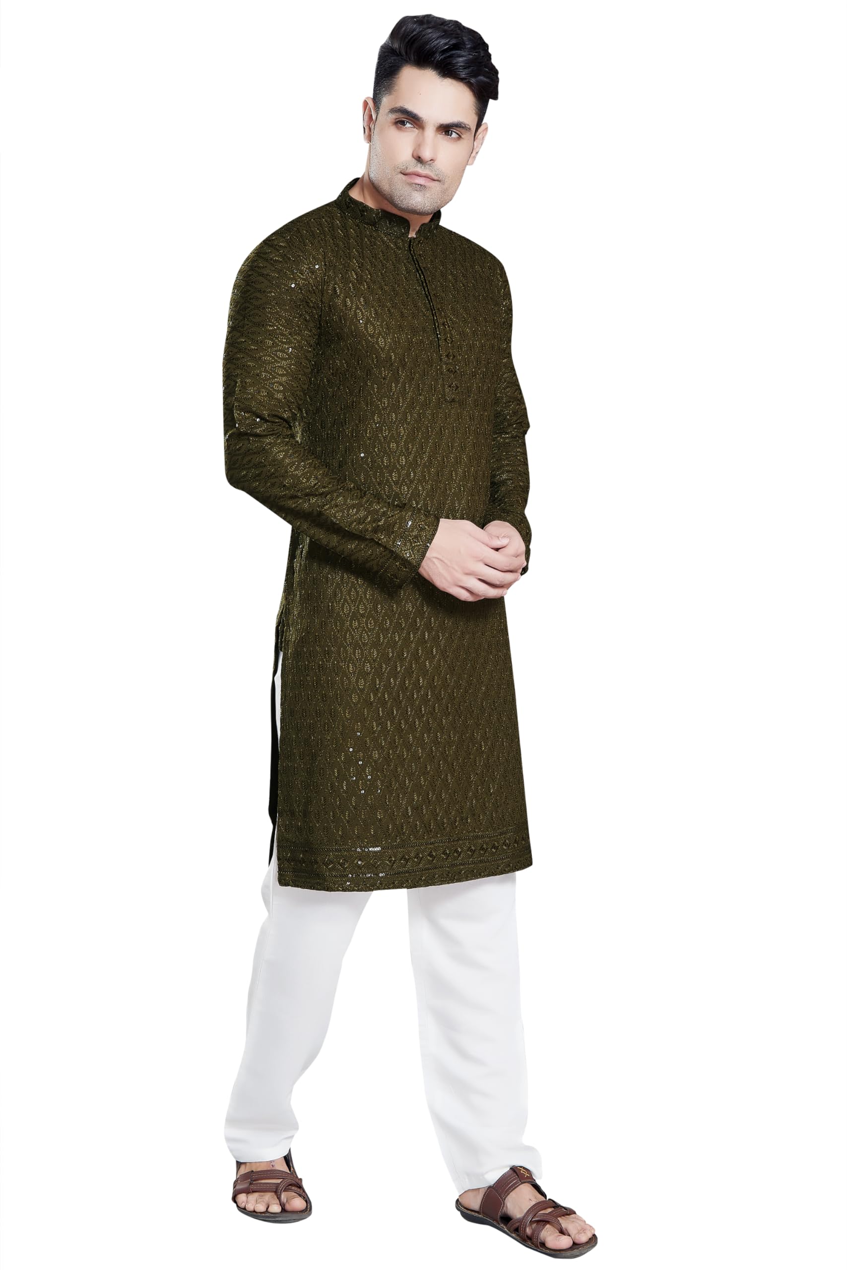 Divisive Men's Sequince Embroidered Cotton Blend Only Slim Fit Kurta (Dkrt118_Xl_Mehendi)