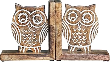 eTroves Wood Bookends for Shelves. Decorative Wooden Owl Bookend for Heavy Books, White Wood, 6 Inch