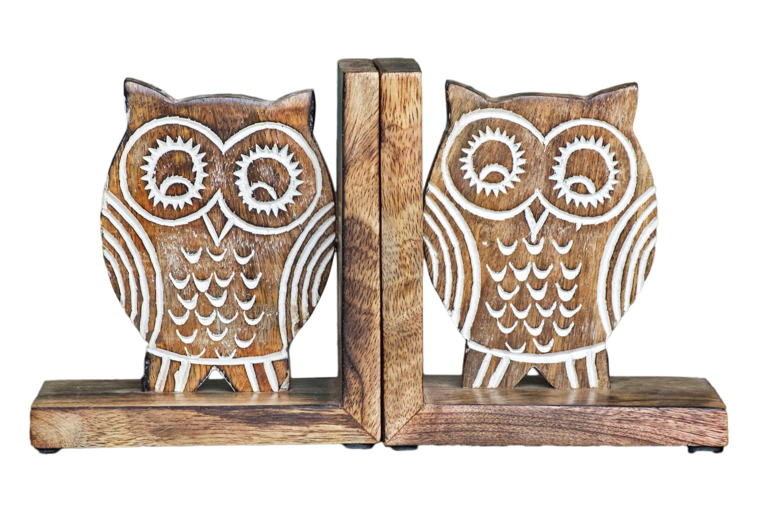 ETROVES 2-Piece White Mango Wood Owl Bookends, 6x5.5x5.5 Inches, Decorative Book Stoppers for Bookshelves, Home Office, Heavy Books