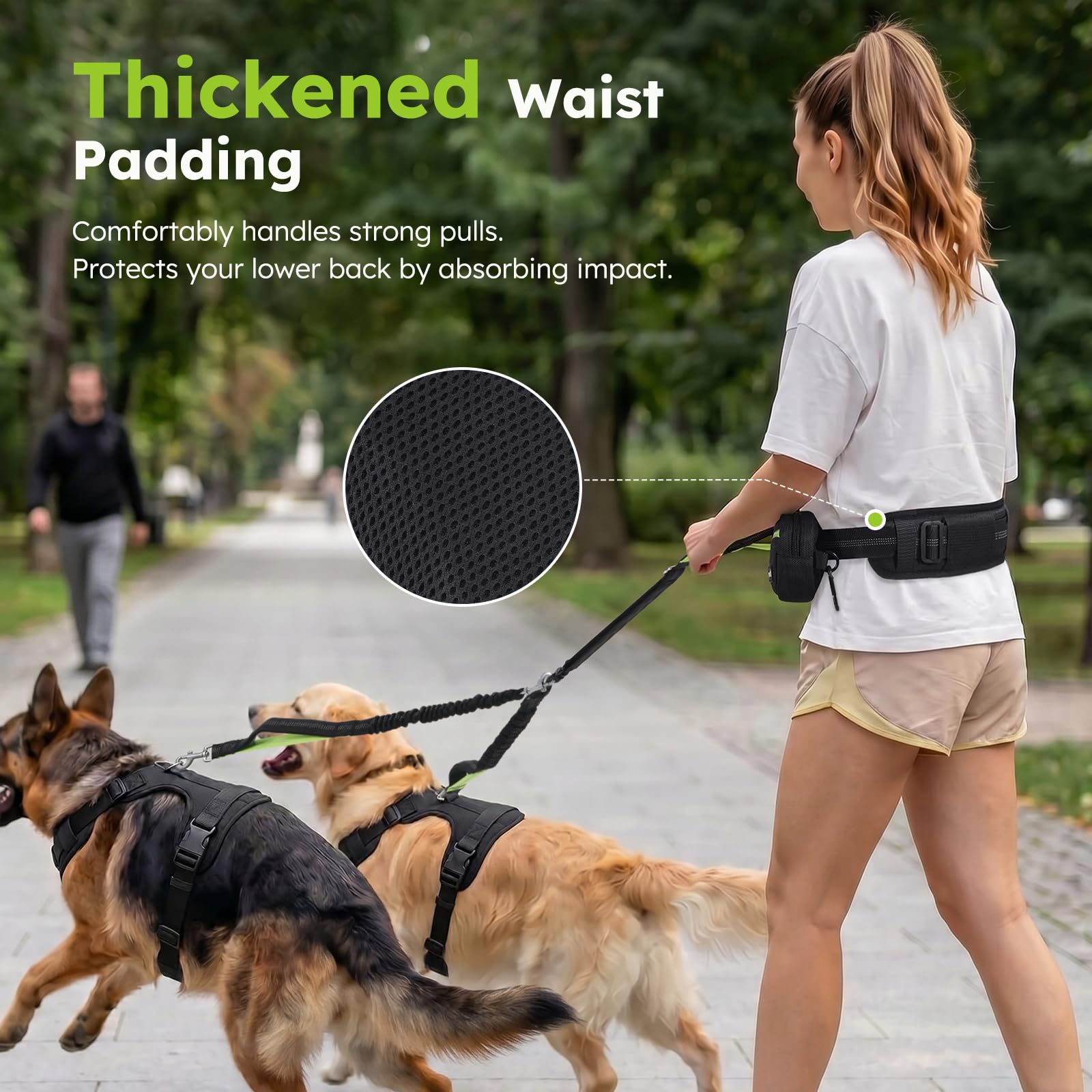 Pecute Joggingleine für 2 Große Hunde 15-50kg mit Breiter Bauchgurt | Hundeleine zum Joggen Multifunktional Freie Kombination| wasserdichte Bauchtasche, Stoßdämpfendes Bungee, Dick Doppelgriffe