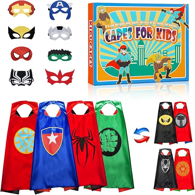 Gralal 4pcs Double-sided Superhero Capes 8 Masks for Kids-Party Costumes Gifts & Kids Toys