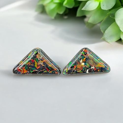 Miniatura 2 de October Birthstone Black Rainbow Fire Opal Triangle Confetti Earrings Stainless Steel Stud